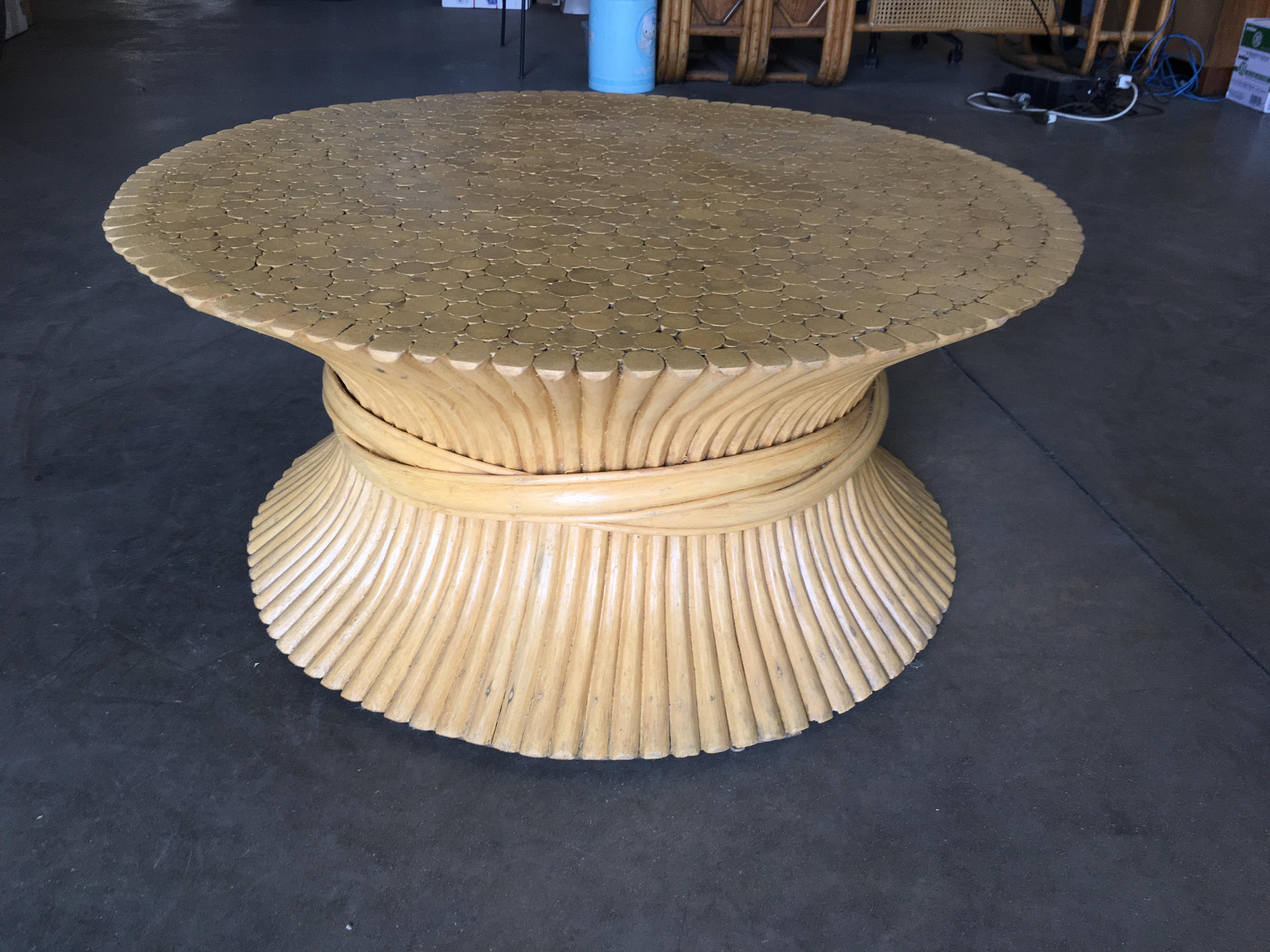 Late 20th Century Large Corseted Hour Glass Pole Rattan Coffee Table by McGuire