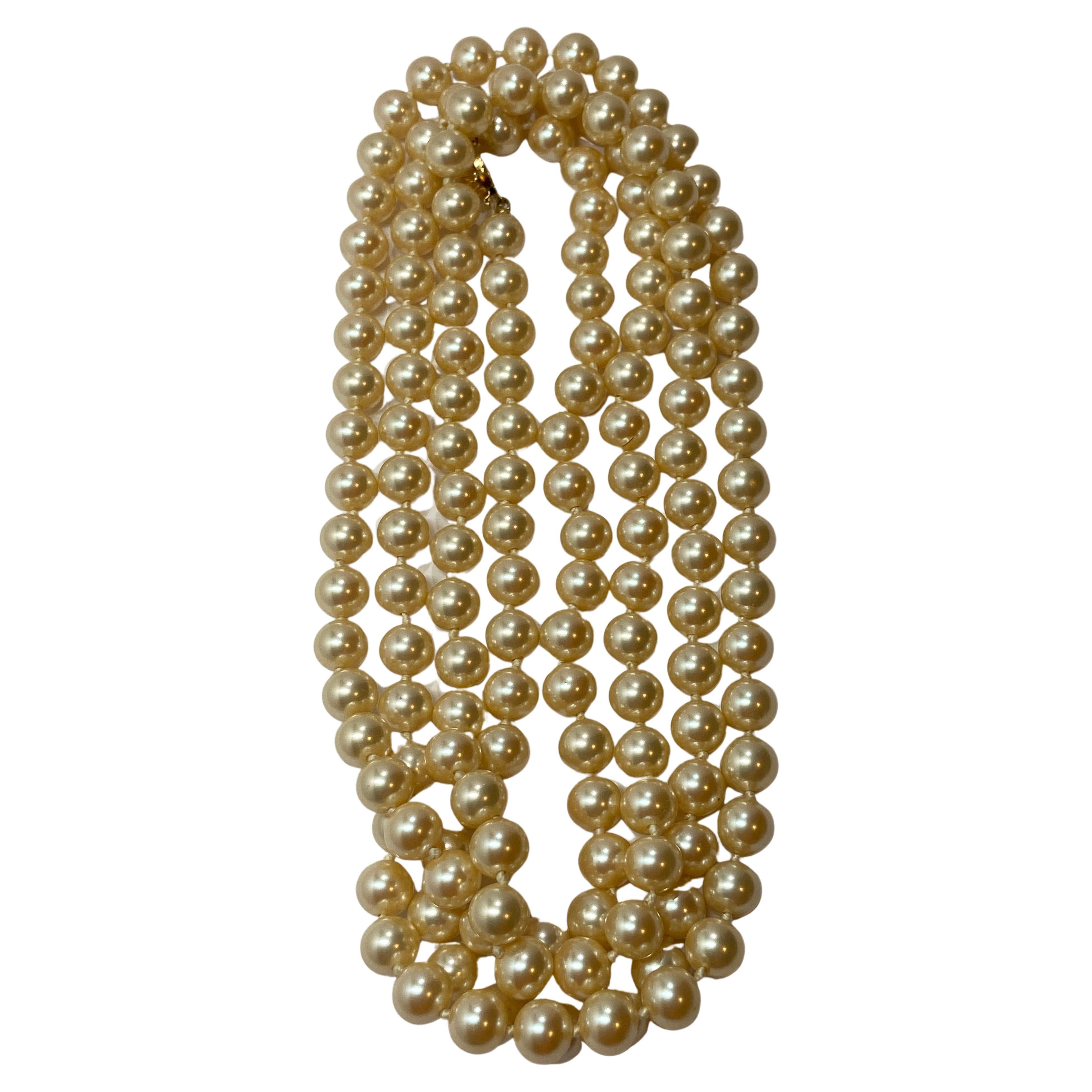 Marvella Elegantly Hand-Knotted Pearl with Polished Gold Hardware Clasp Necklace For Sale