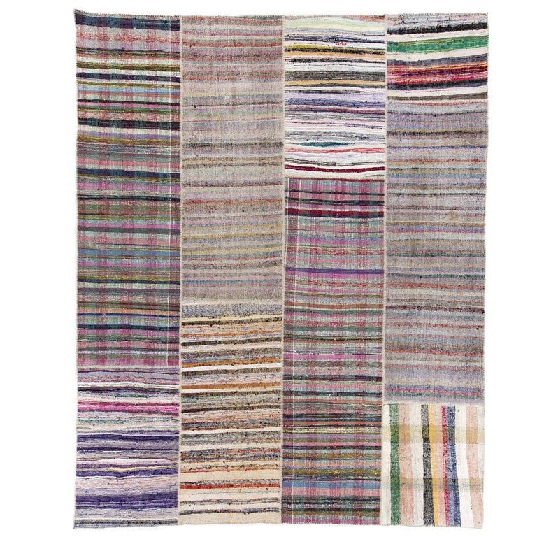 12.4 x 14.9 Ft Cotton Kilim Carpet with Striped Design. Vintage Rag Rug