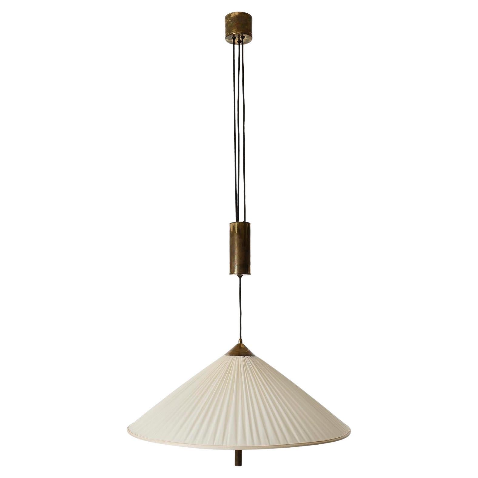 Austrian Large Counterweight Pendant Light Josef Frank Patinated Brass Fabric Shade 1930s