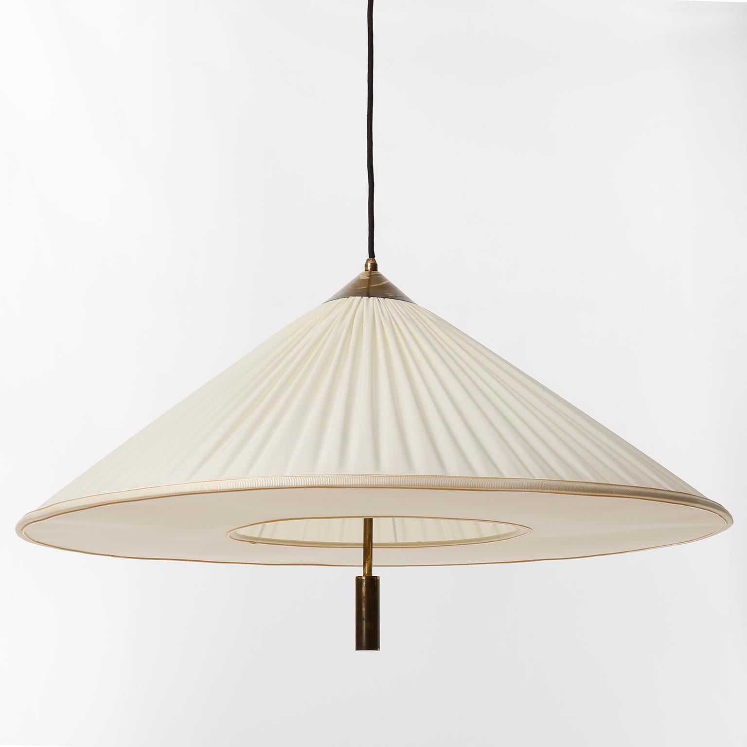 Mid-20th Century Large Counterweight Pendant Light Josef Frank Patinated Brass Fabric Shade 1930s