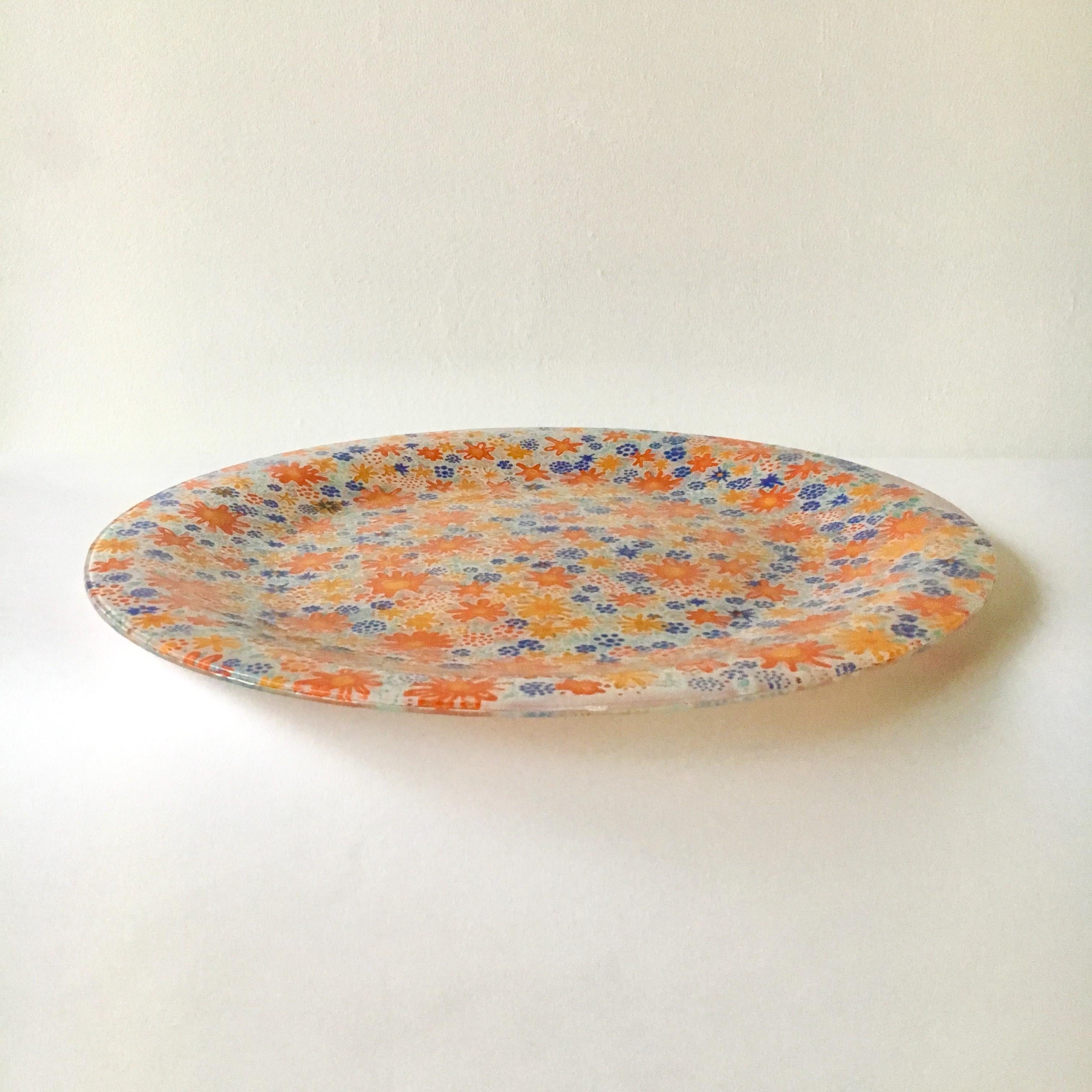Arts and Crafts Large Country Garden Patterned Fused Glass Plate by Higgins 