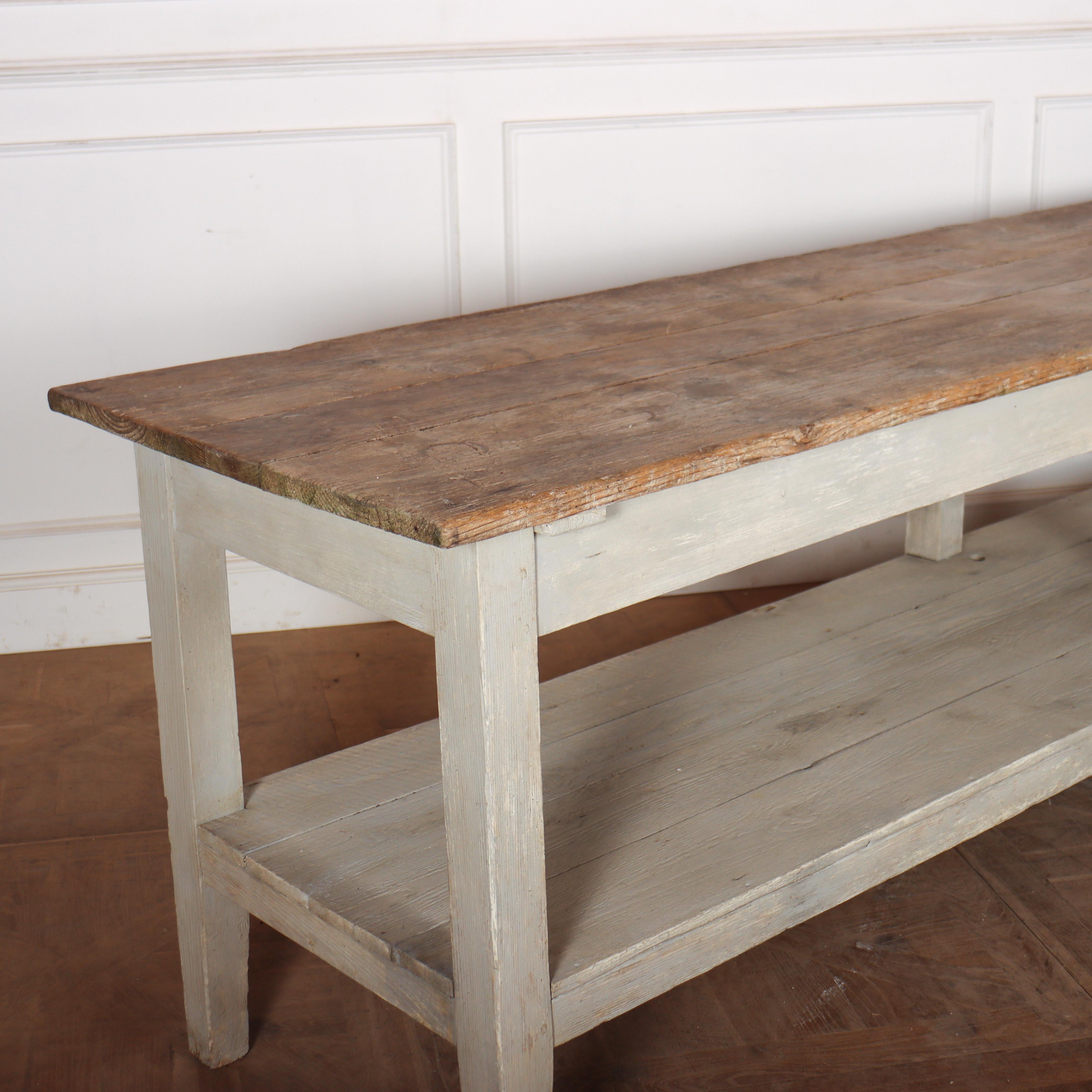 Large 19th C country house prep table / drapers table. Good scrubbed pine top. 1880.

Height from shelf to apron is 15