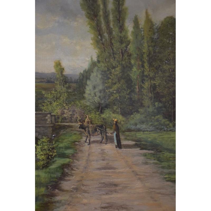 Gran paisaje campestre, siglo XIX, pintura sobre lienzo, enmarcada en venta 7