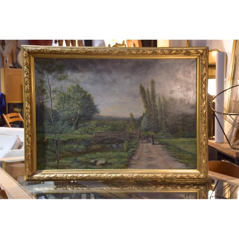Gran paisaje campestre, siglo XIX, pintura sobre lienzo, enmarcada en venta 9