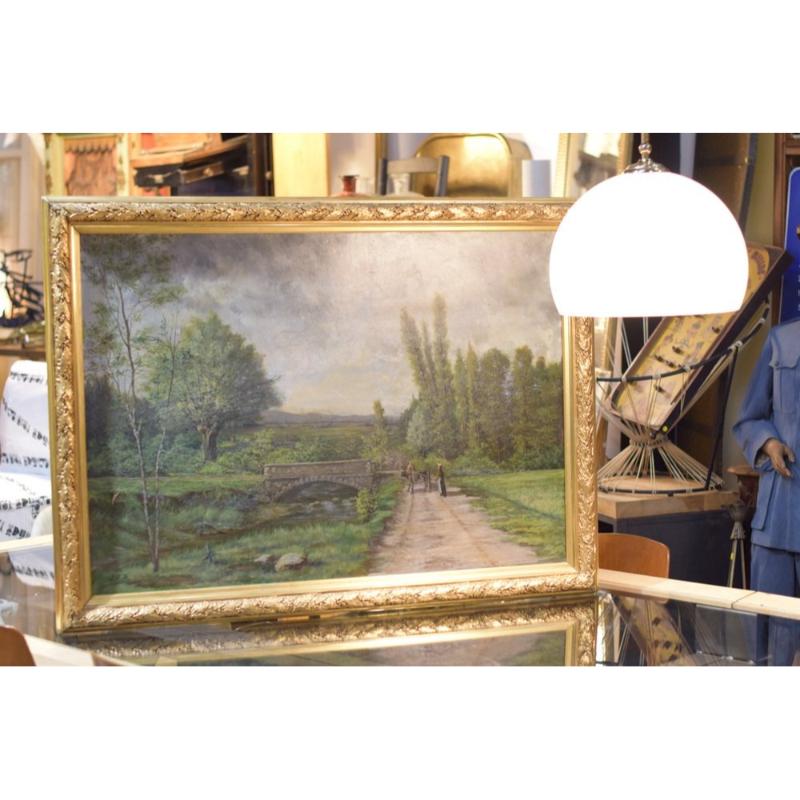 Gran paisaje campestre, siglo XIX, pintura sobre lienzo, enmarcada en venta 12