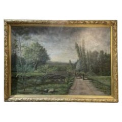Gran paisaje campestre, siglo XIX, pintura sobre lienzo, enmarcada