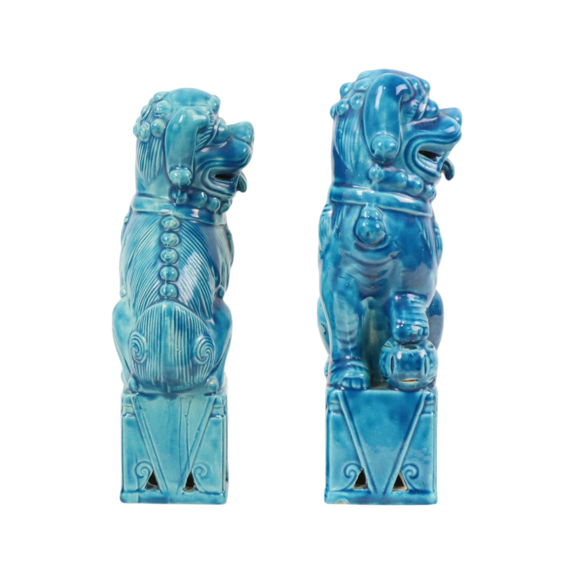 Cineserie Grande coppia Foo Dogs Temple Lions in ceramica turchese 25cm in vendita