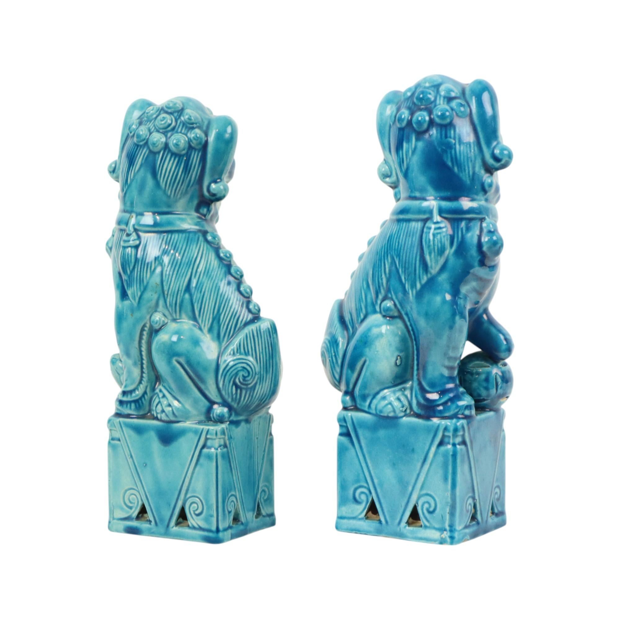 Cinese Grande coppia Foo Dogs Temple Lions in ceramica turchese 25cm in vendita
