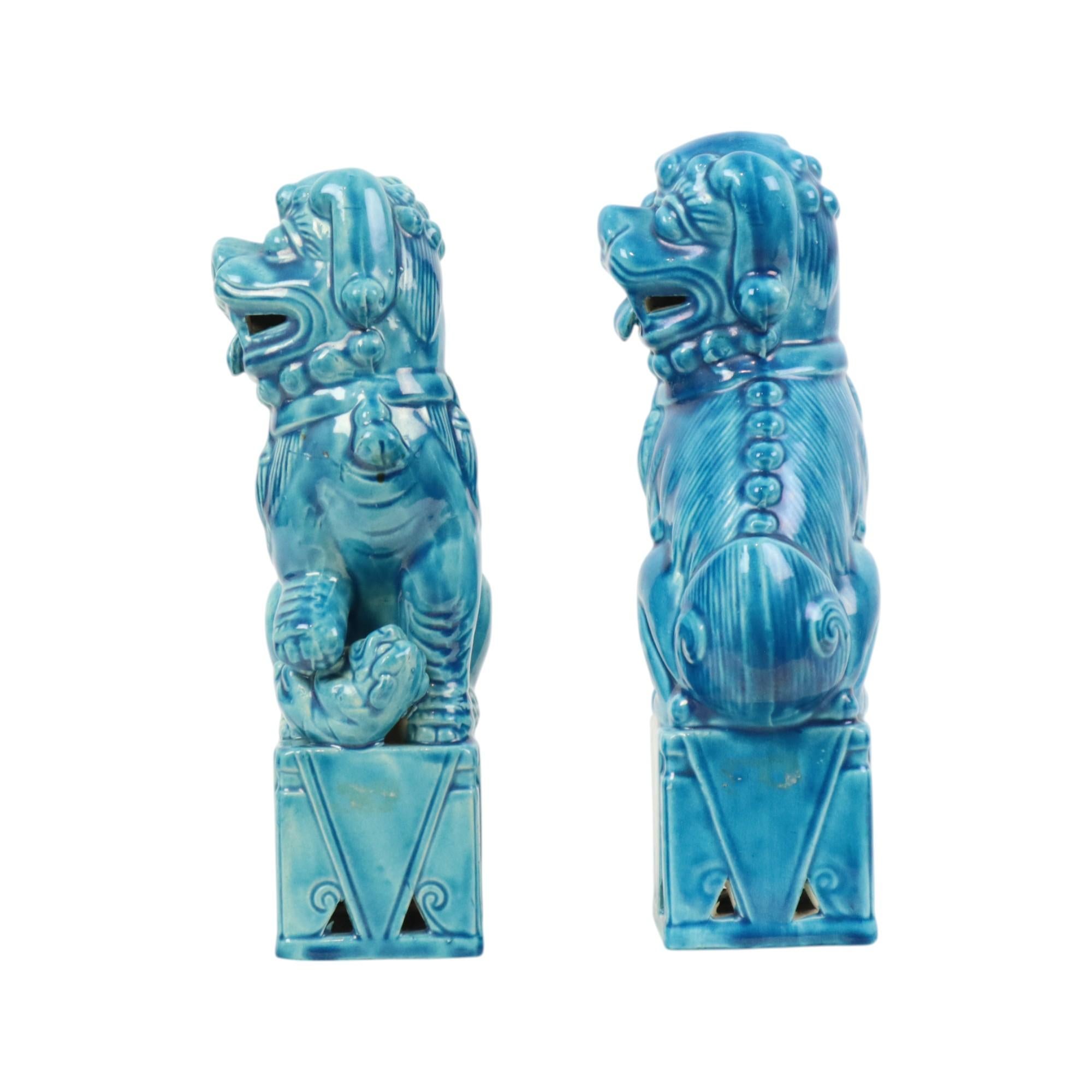 Grande coppia Foo Dogs Temple Lions in ceramica turchese 25cm In condizioni buone in vendita a Poperinge, BE