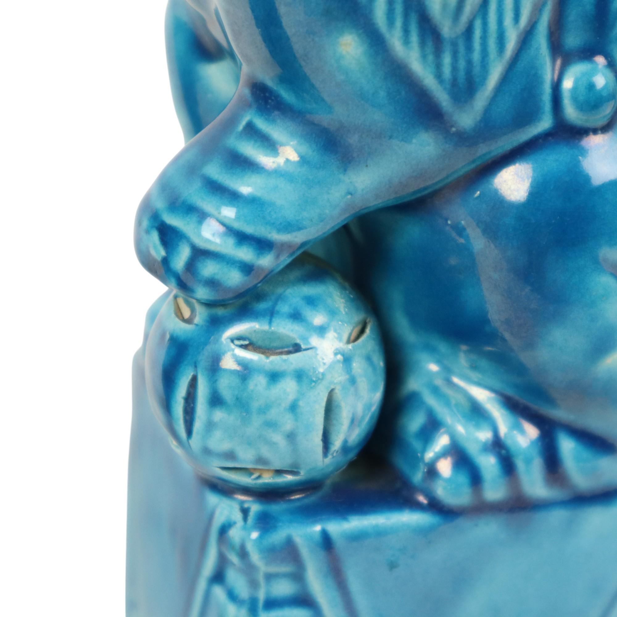 Ceramica Grande coppia Foo Dogs Temple Lions in ceramica turchese 25cm in vendita