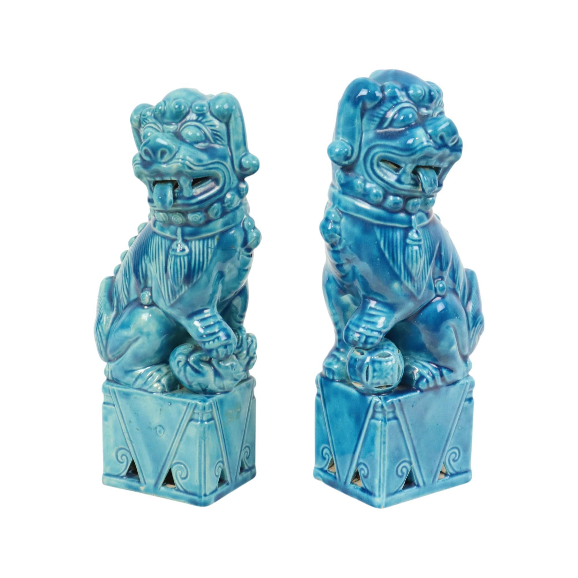 Grande coppia Foo Dogs Temple Lions in ceramica turchese 25cm in vendita 1