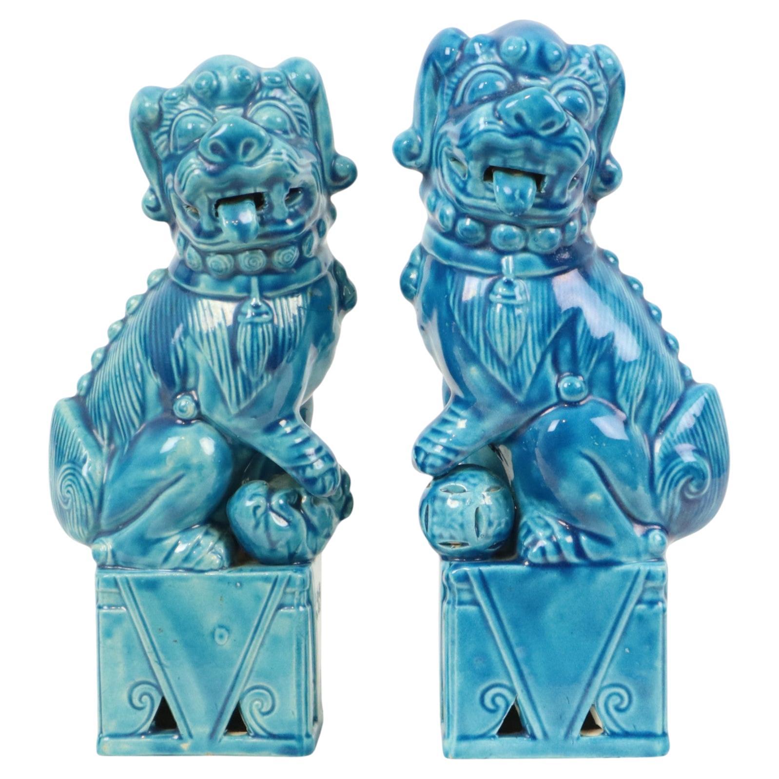 Pareja Grande Foo Perros Templo Leones Cerámica Turquesa 25cm