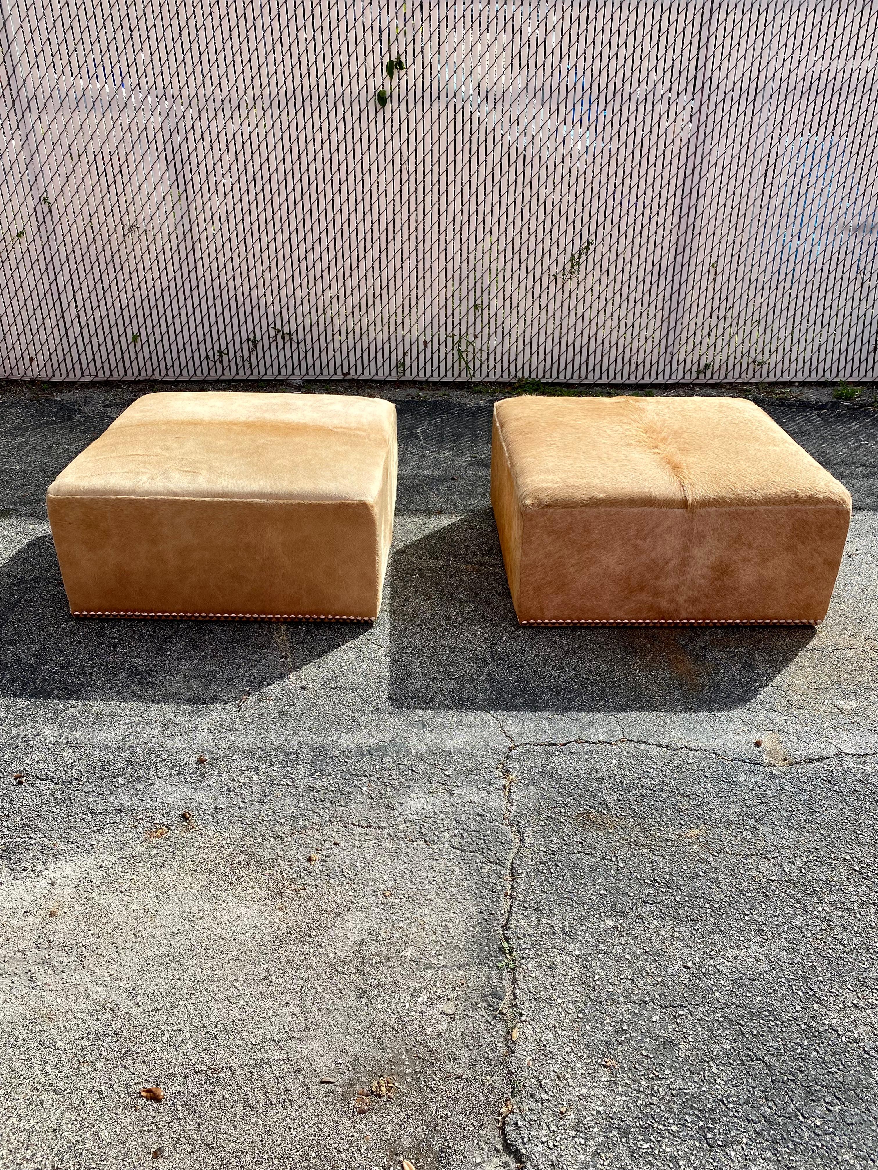Modern Large Cowhide and Nailhead Ottoman’s, Set of 2 For Sale