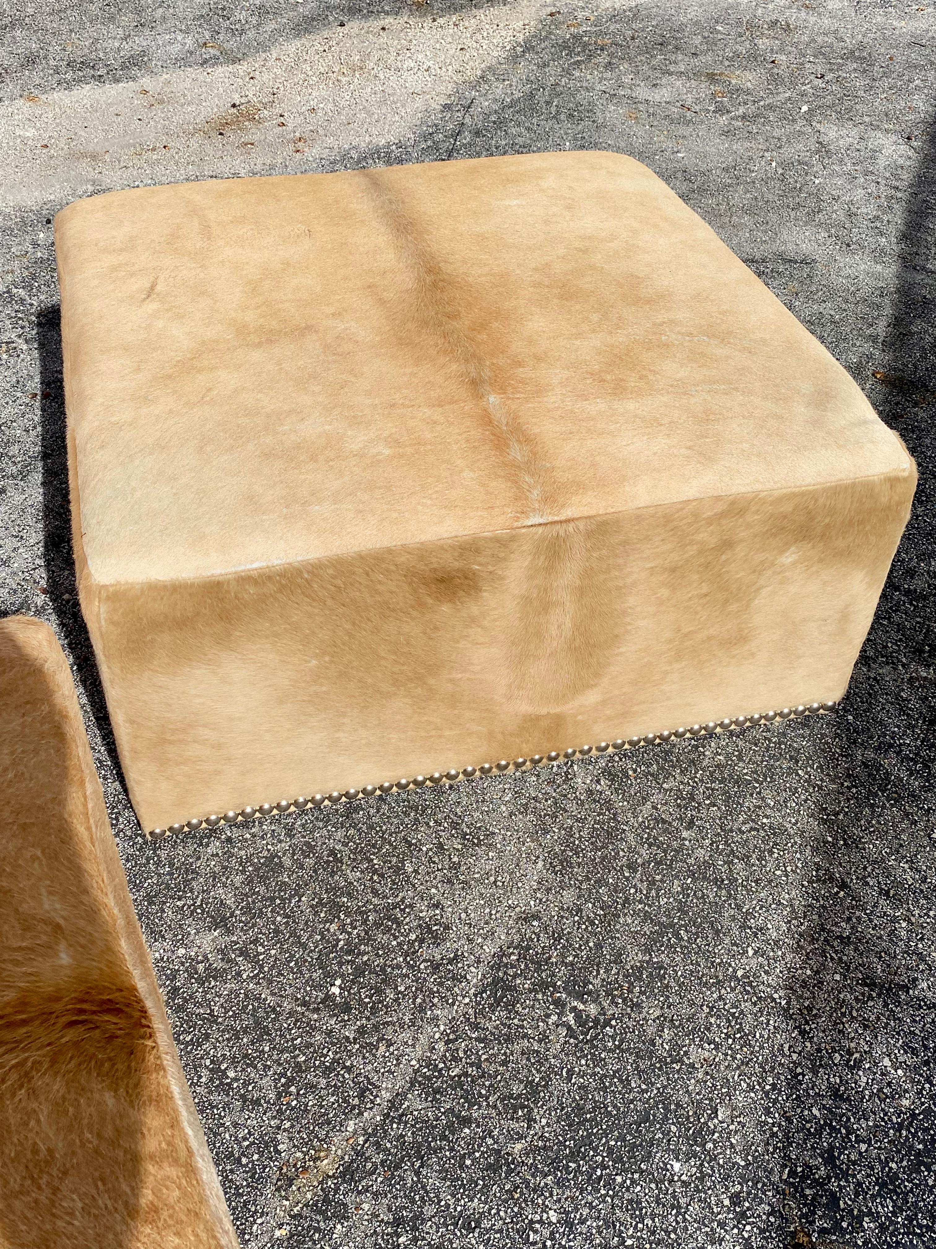 Large Cowhide and Nailhead Ottoman’s, Set of 2 In Good Condition For Sale In Fort Lauderdale, FL