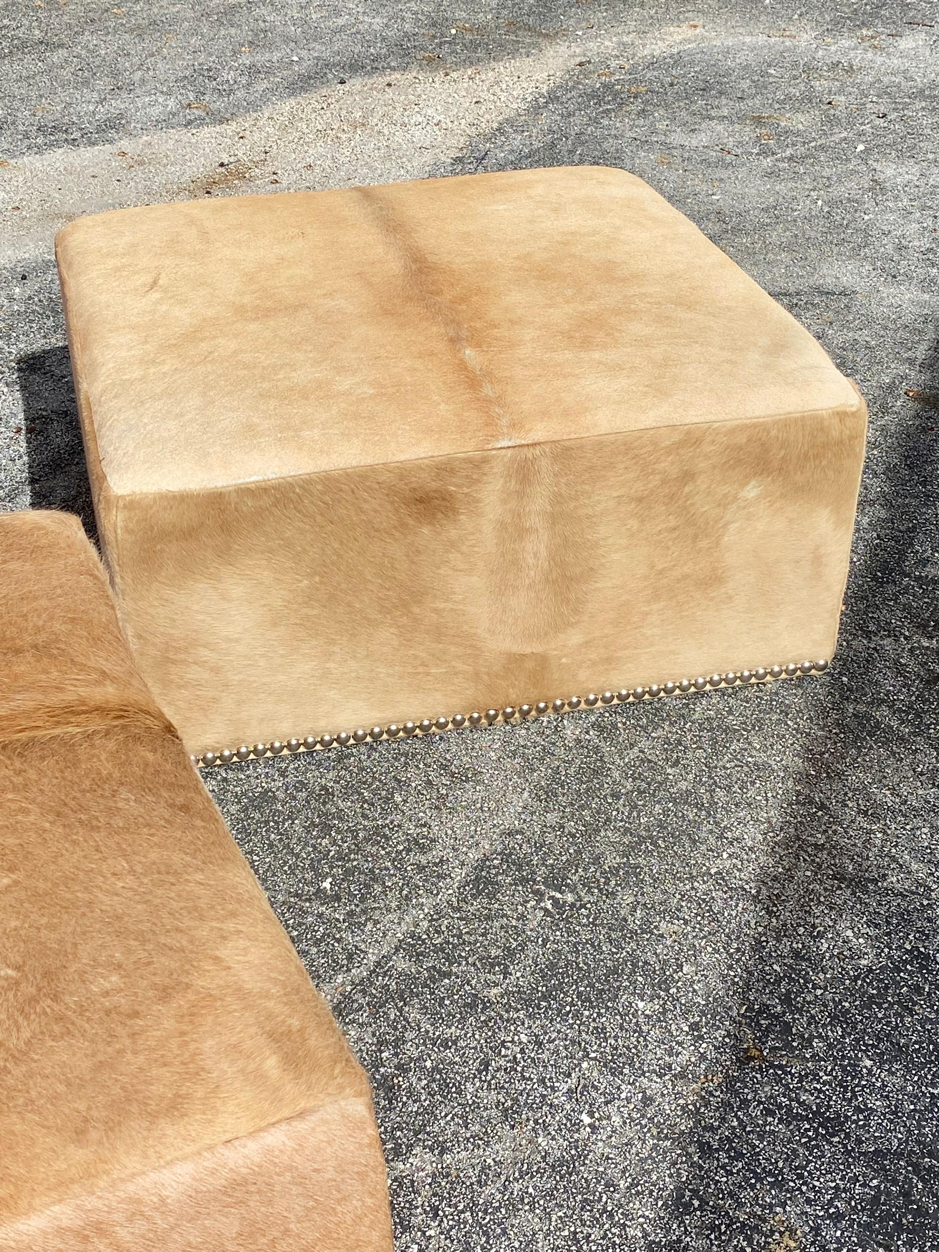 Contemporary Large Cowhide and Nailhead Ottoman’s, Set of 2 For Sale