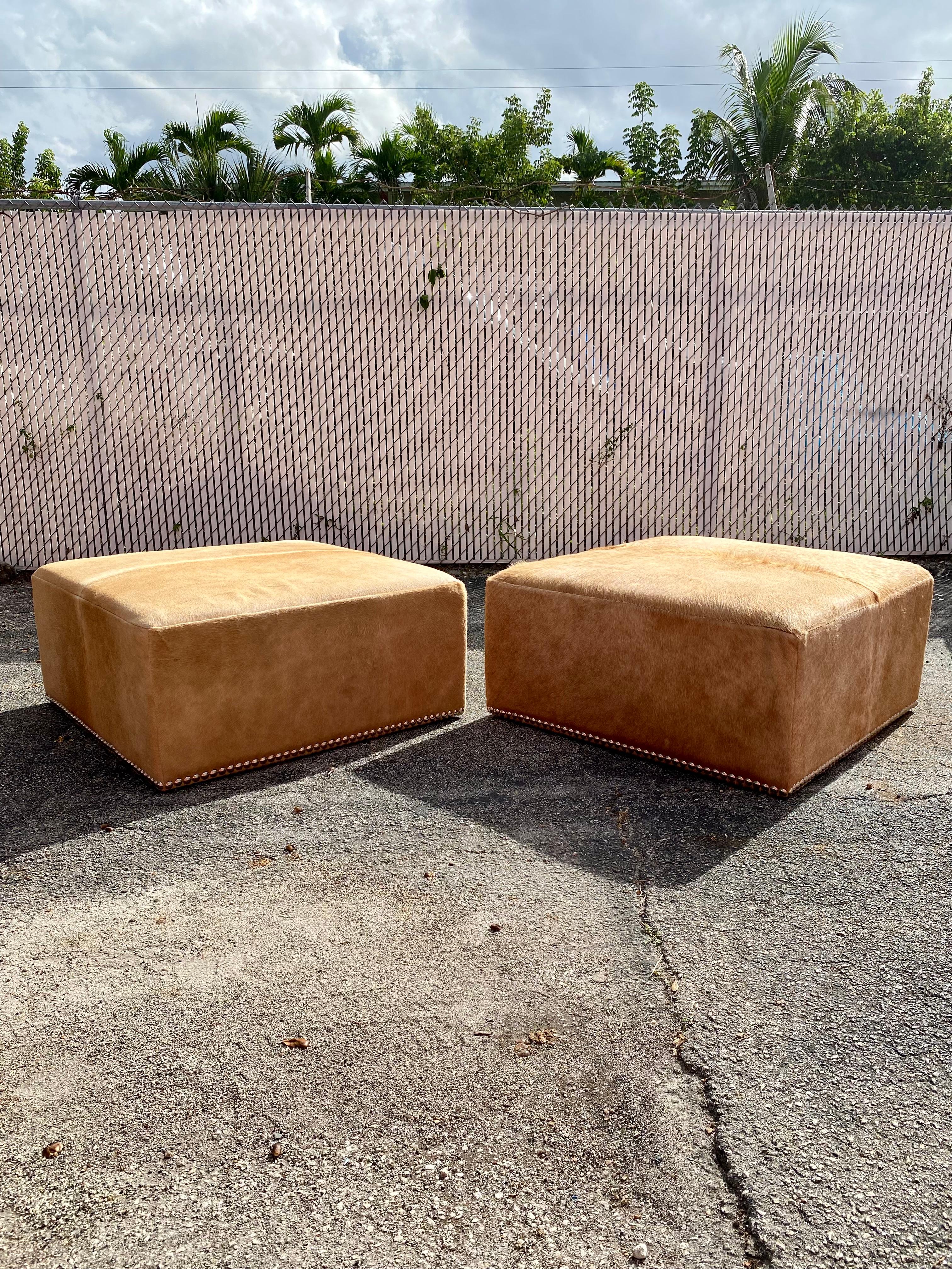 Large Cowhide and Nailhead Ottoman’s, Set of 2 For Sale 3