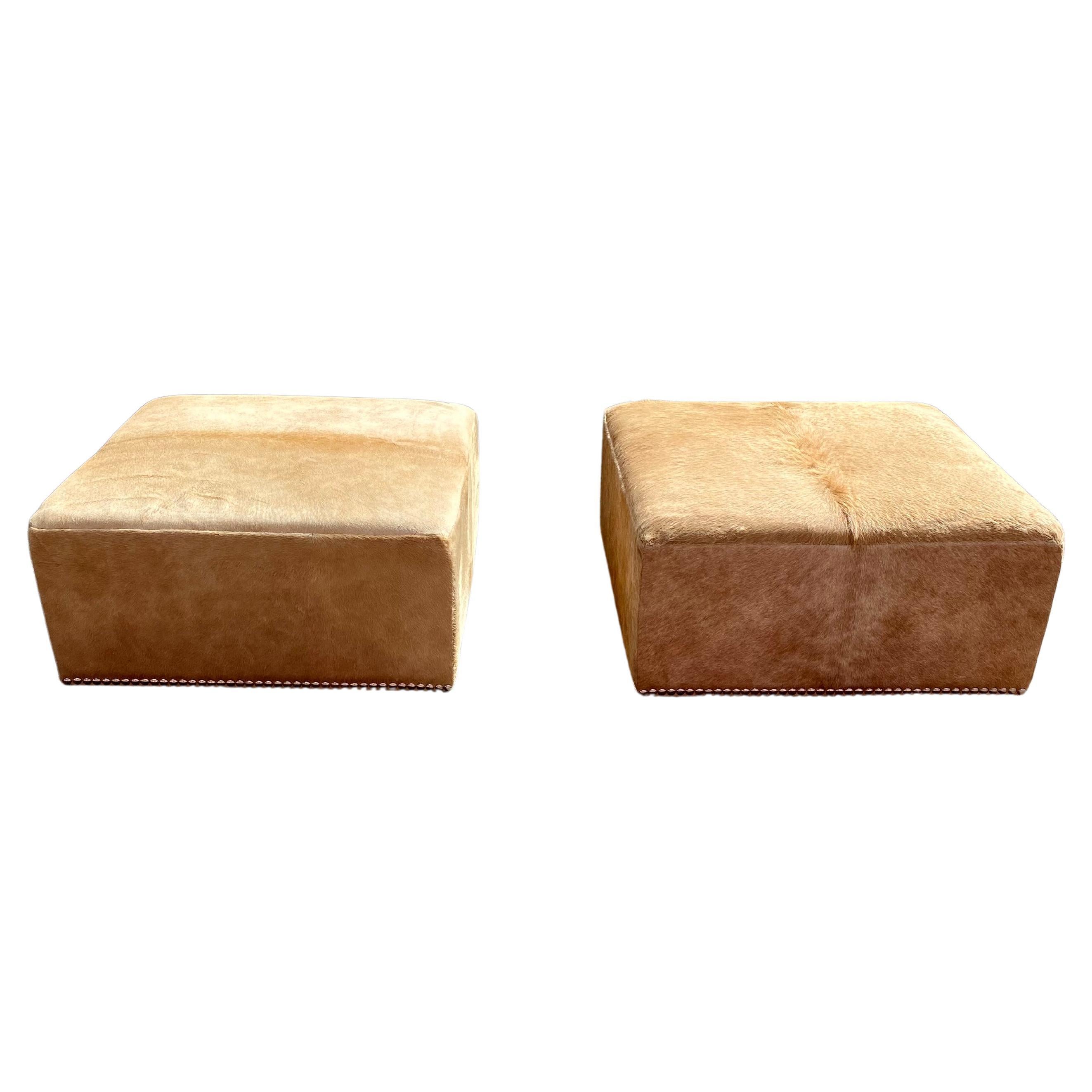 Large Cowhide and Nailhead Ottoman’s, Set of 2 For Sale