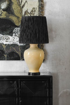 Large Crackle Ceramic Table Lamp With Wooden Base And Raffia Lampshade