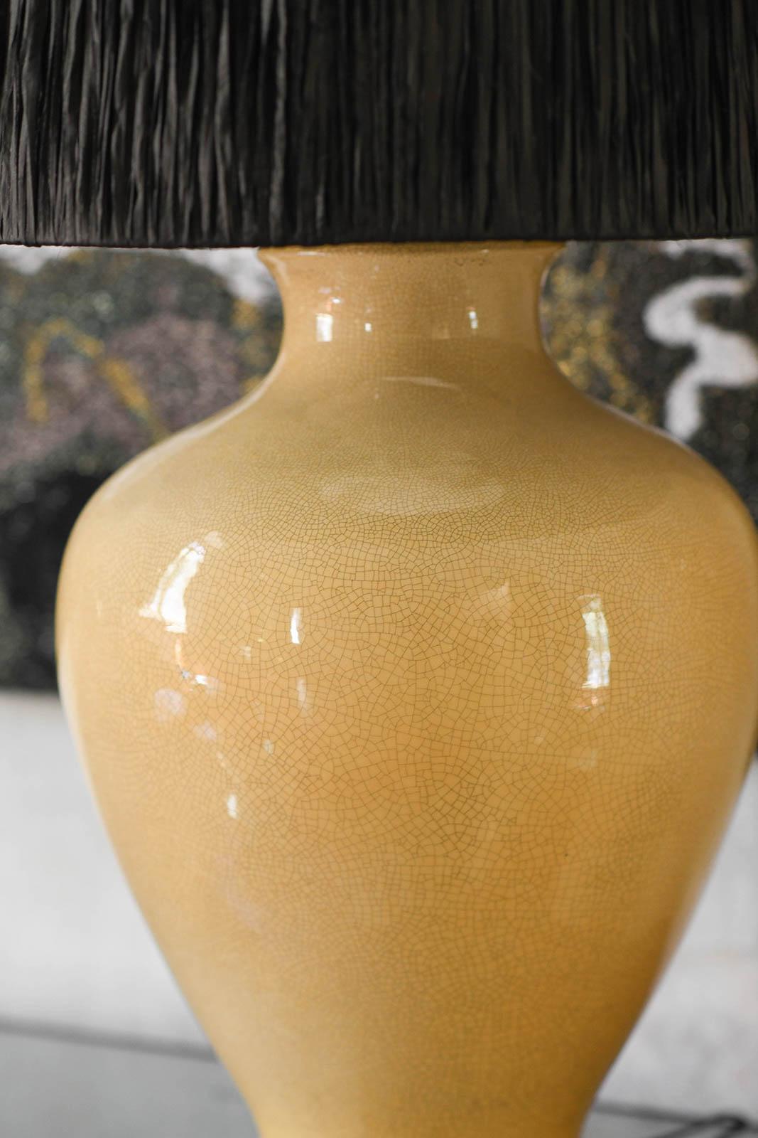 Late 20th Century Large Crackle Ceramic Table Lamp With Wooden Base And Raffia Lampshade For Sale