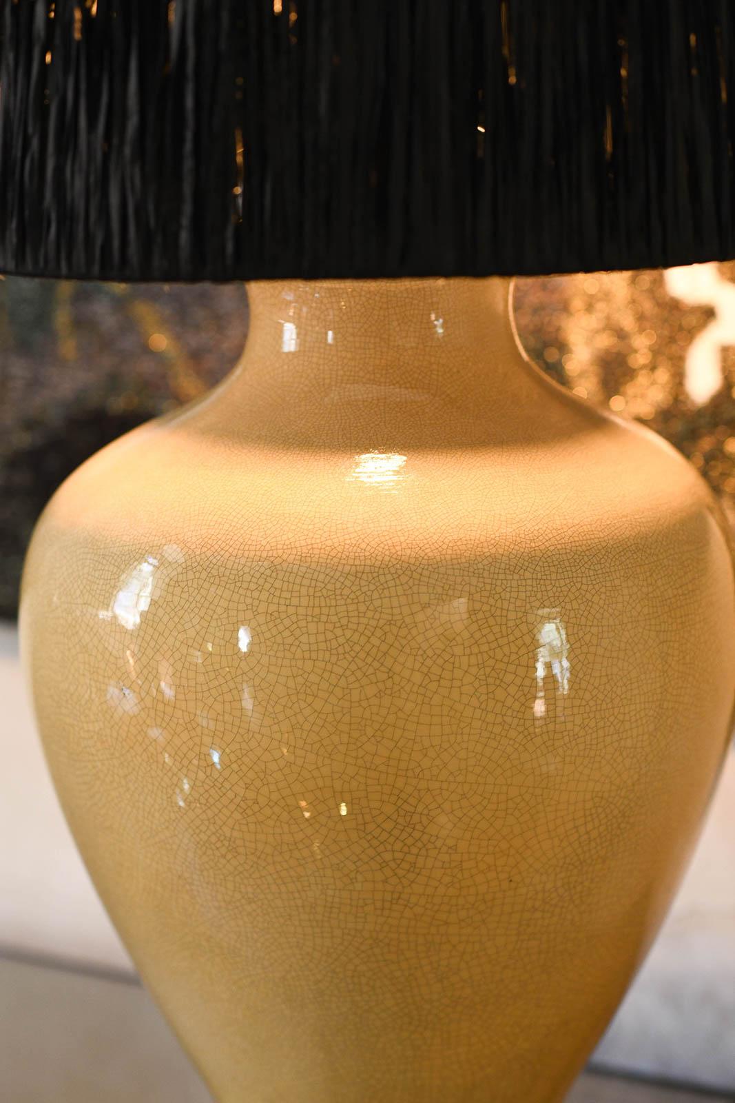 Large Crackle Ceramic Table Lamp With Wooden Base And Raffia Lampshade For Sale 1