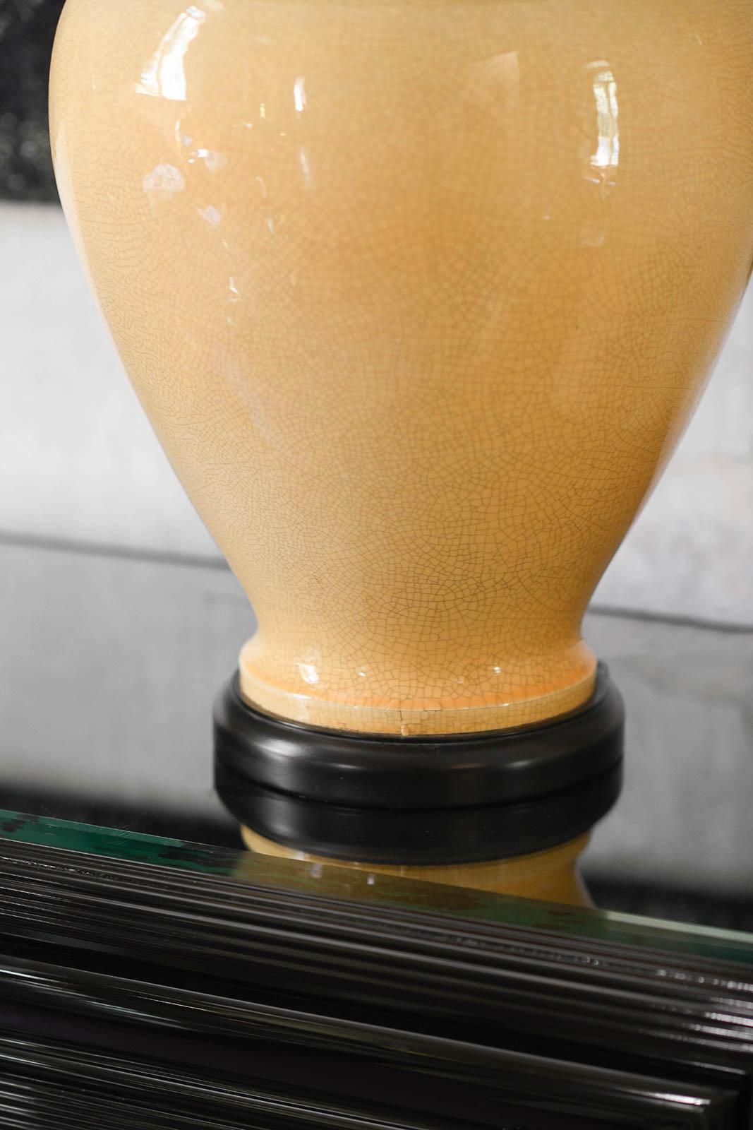 Large Crackle Ceramic Table Lamp With Wooden Base And Raffia Lampshade For Sale 2