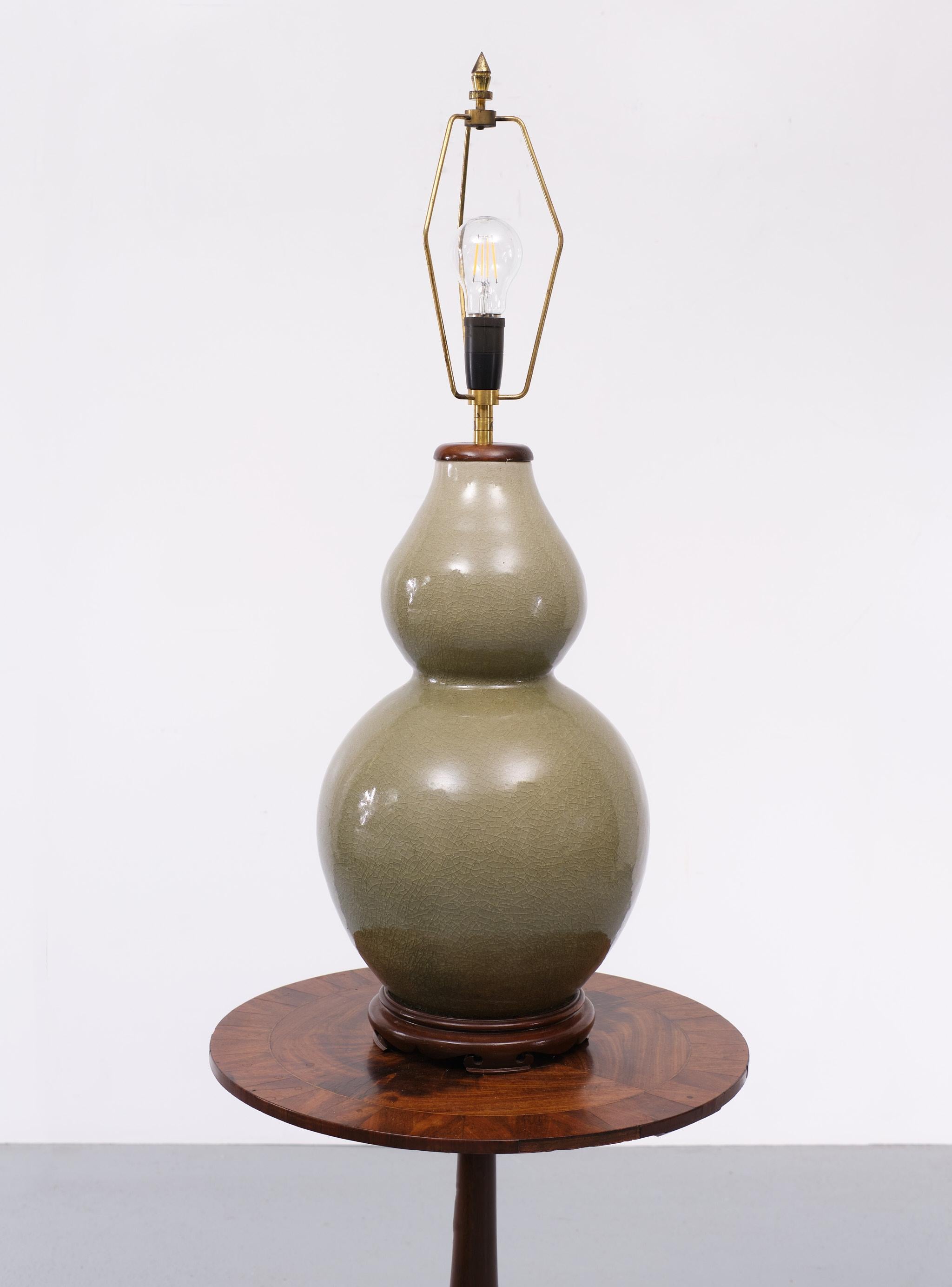 Large Crackled Celadon Porcelain Table Lamp 1950s  4