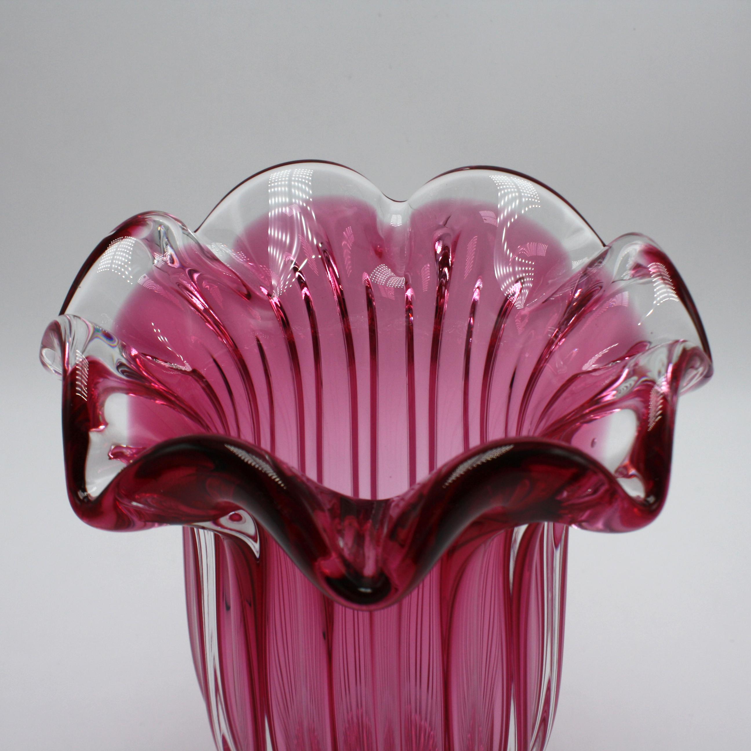Large cranberry and clear double cased Murano vase, circa 1960.