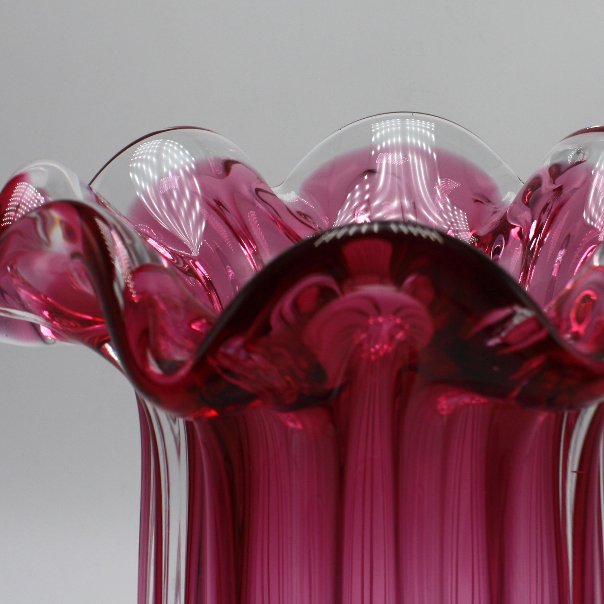 Large Cranberry and Clear Double Cased Murano Vase, circa 1960 In Good Condition In Dallas, TX