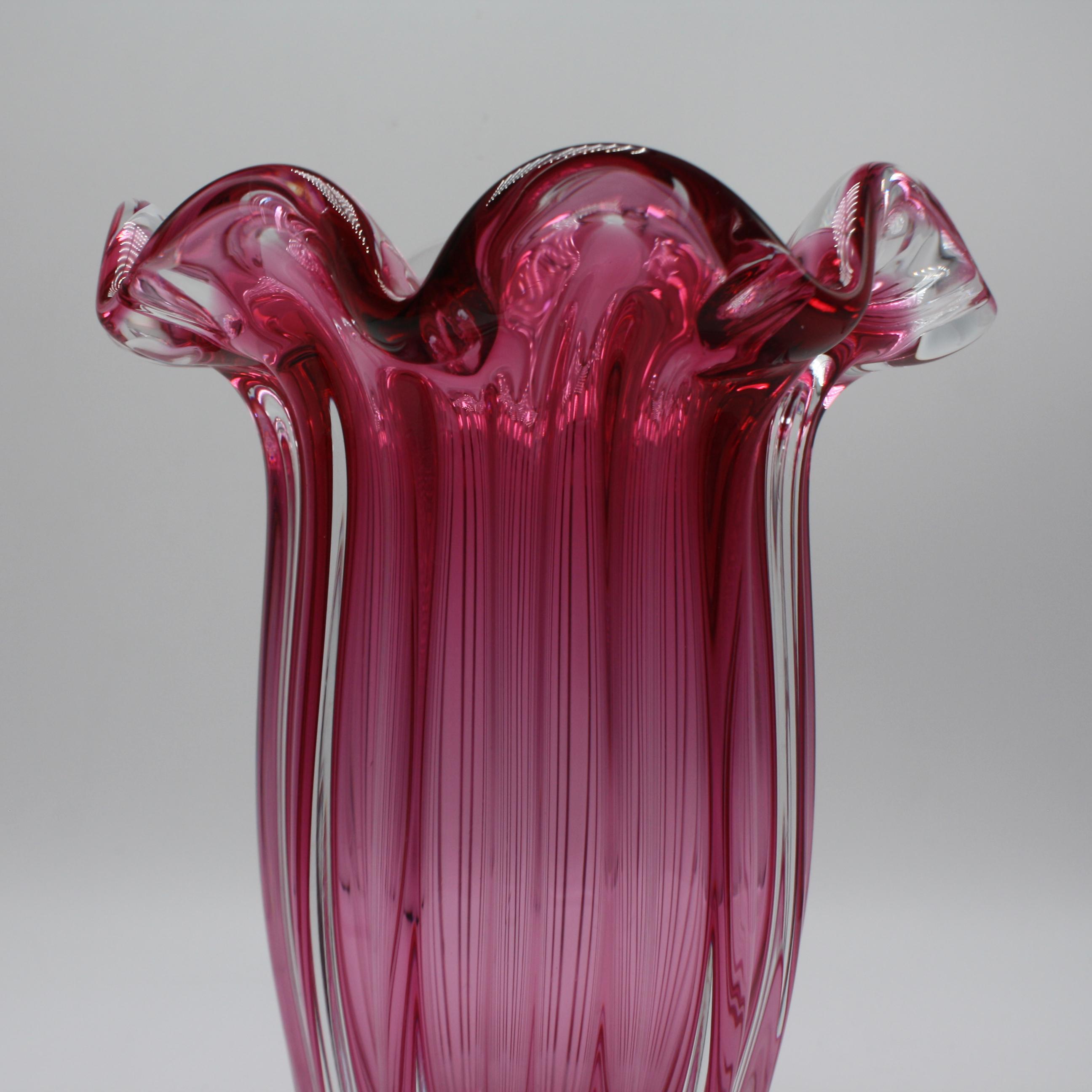 Mid-20th Century Large Cranberry and Clear Double Cased Murano Vase, circa 1960
