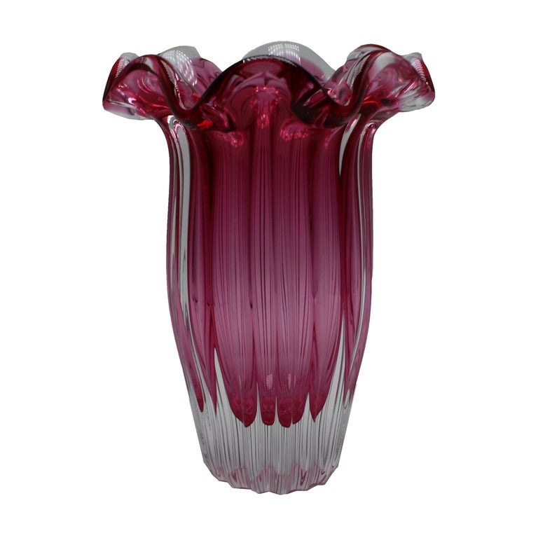 Large Cranberry and Clear Double Cased Murano Vase, circa 1960 at