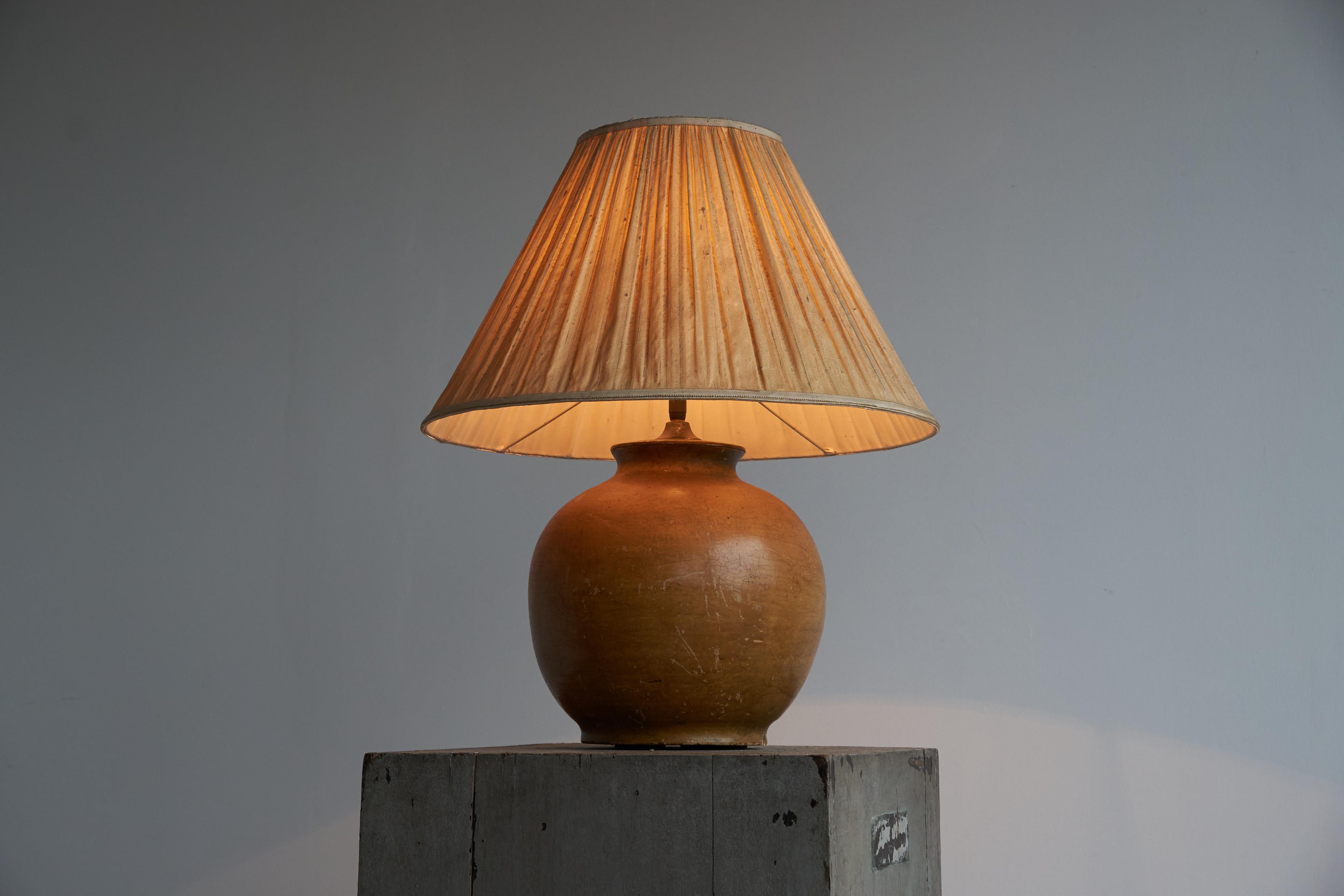 Mid-Century Modern Large Craquelé Studio Pottery Table Lamp with Original Shade 1950s For Sale
