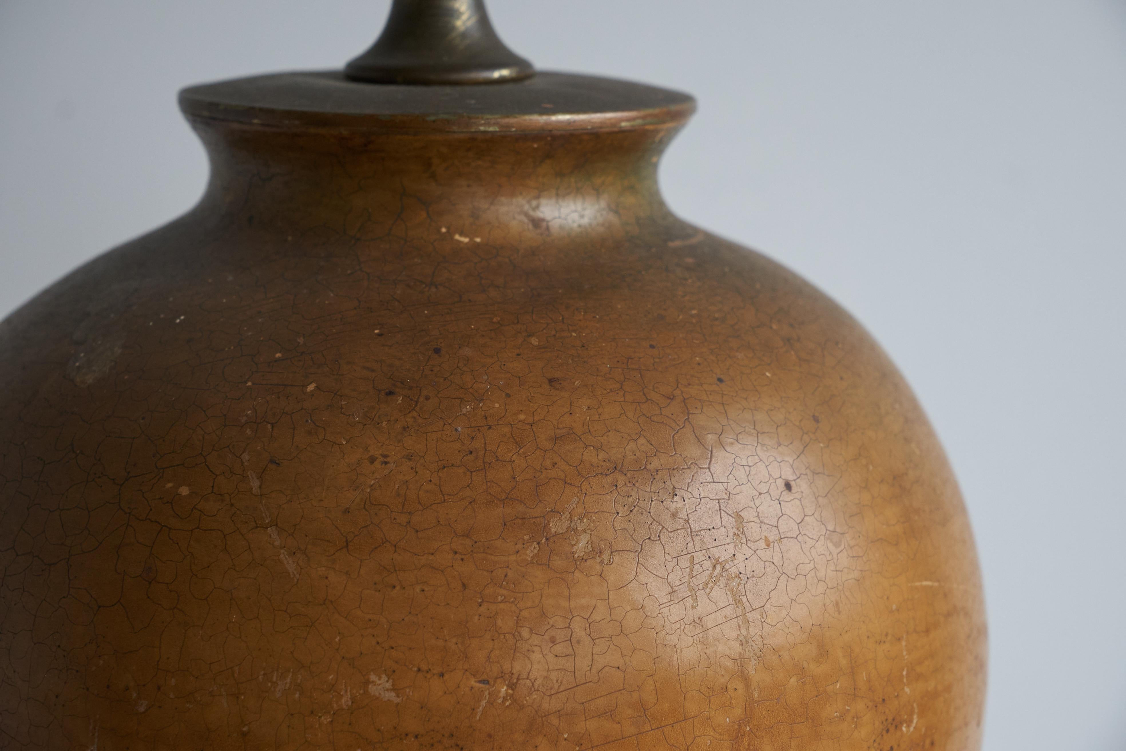 European Large Craquelé Studio Pottery Table Lamp with Original Shade 1950s For Sale