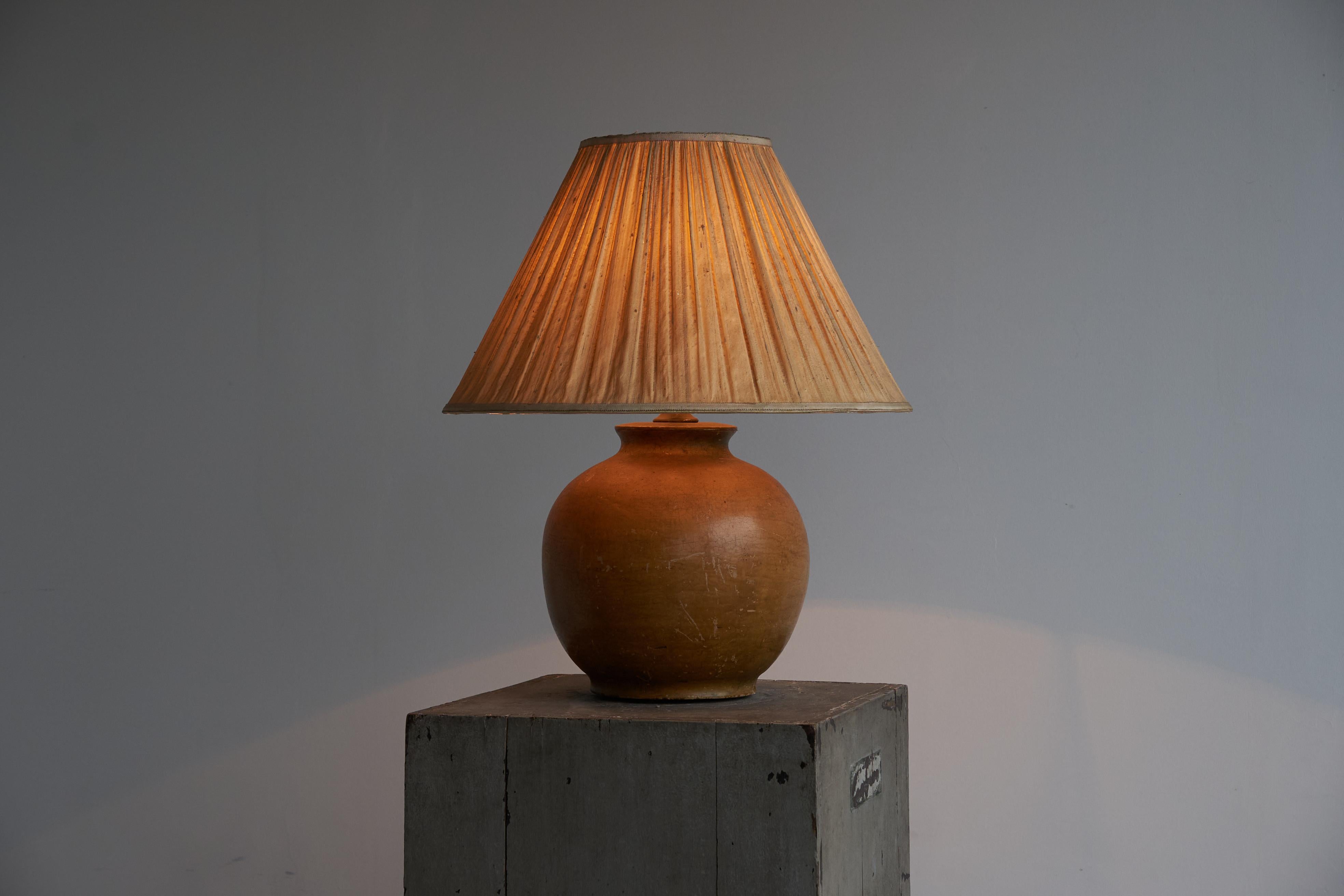 Hand-Crafted Large Craquelé Studio Pottery Table Lamp with Original Shade 1950s For Sale
