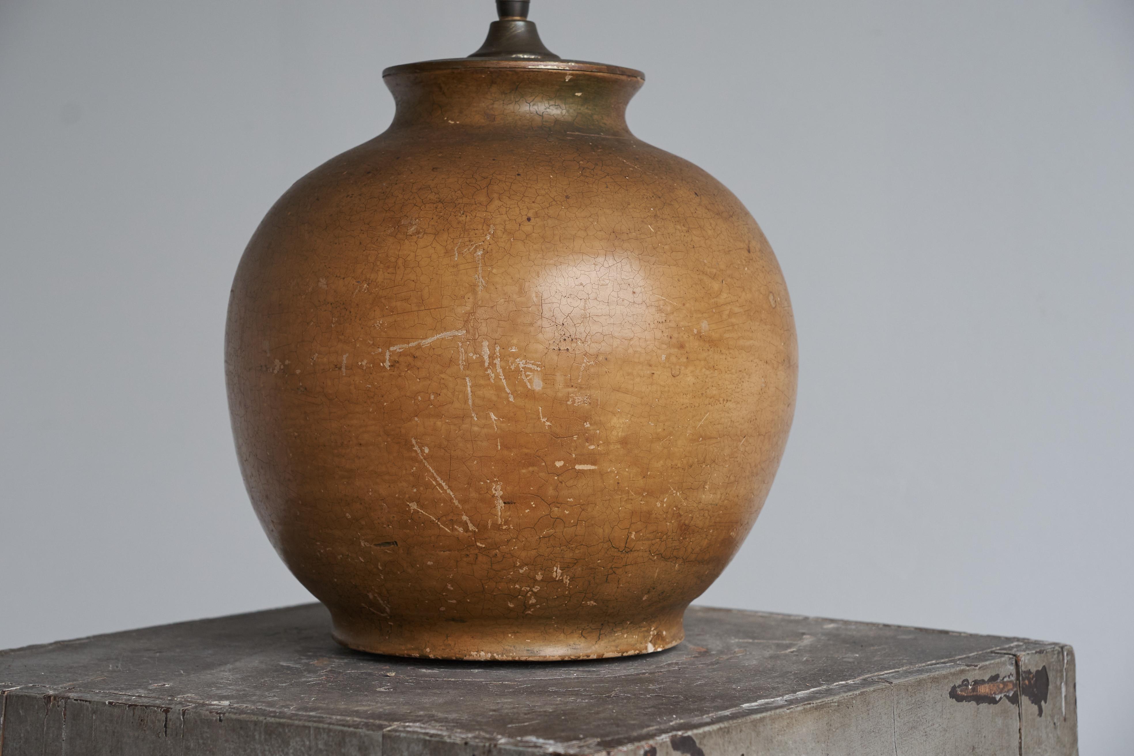 Large Craquelé Studio Pottery Table Lamp with Original Shade 1950s For Sale 2