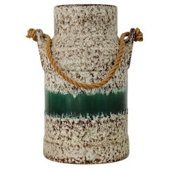 Large Cream & Brown Lava Ceramic Jopeko Water Jug w/ Aqua Stripe and Rope Handle