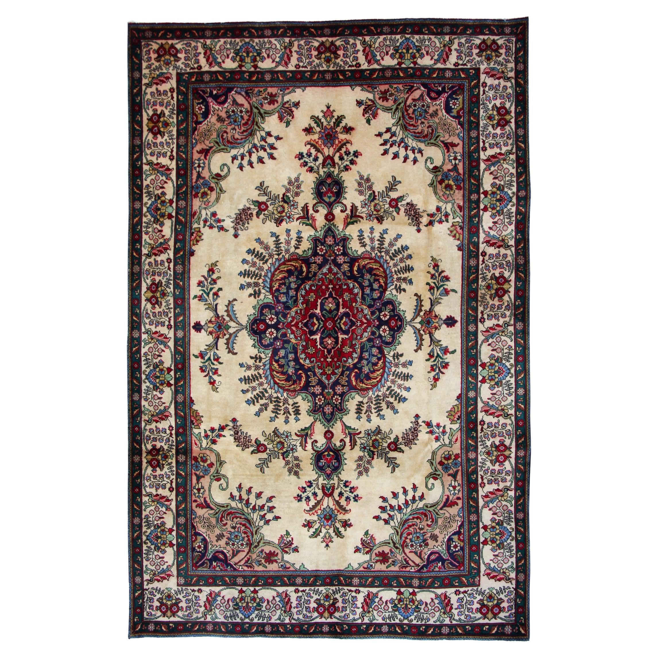 Large Cream Carpet Wool Area Rug, Traditional Floral Living Room Rug