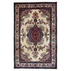 Großer cremefarbener Teppich aus Wolle, traditioneller geblümter Wohnzimmerteppich