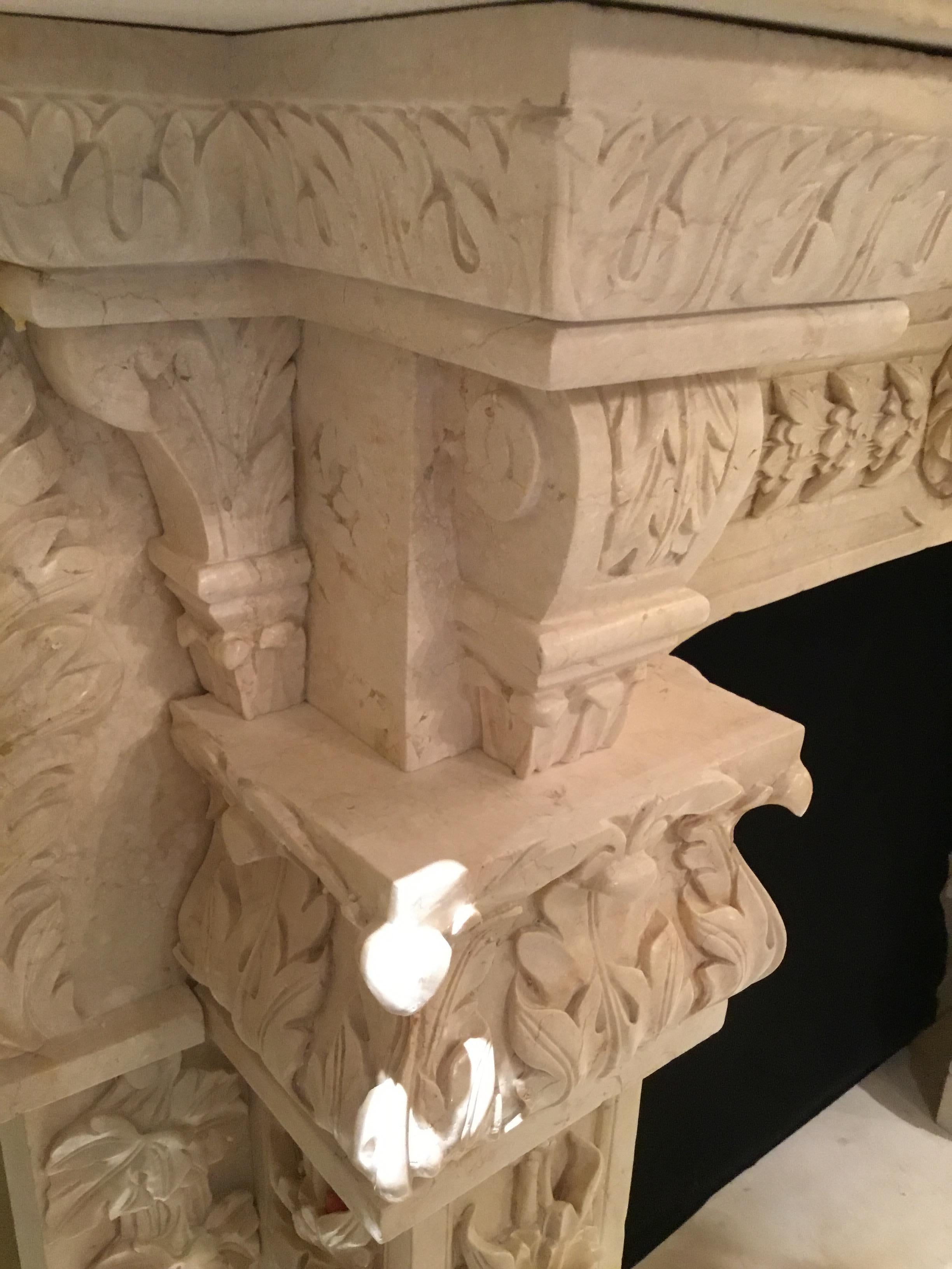 Large Cream Marble Mantel, French Style with Hand Carving with Floral/Foliate 2