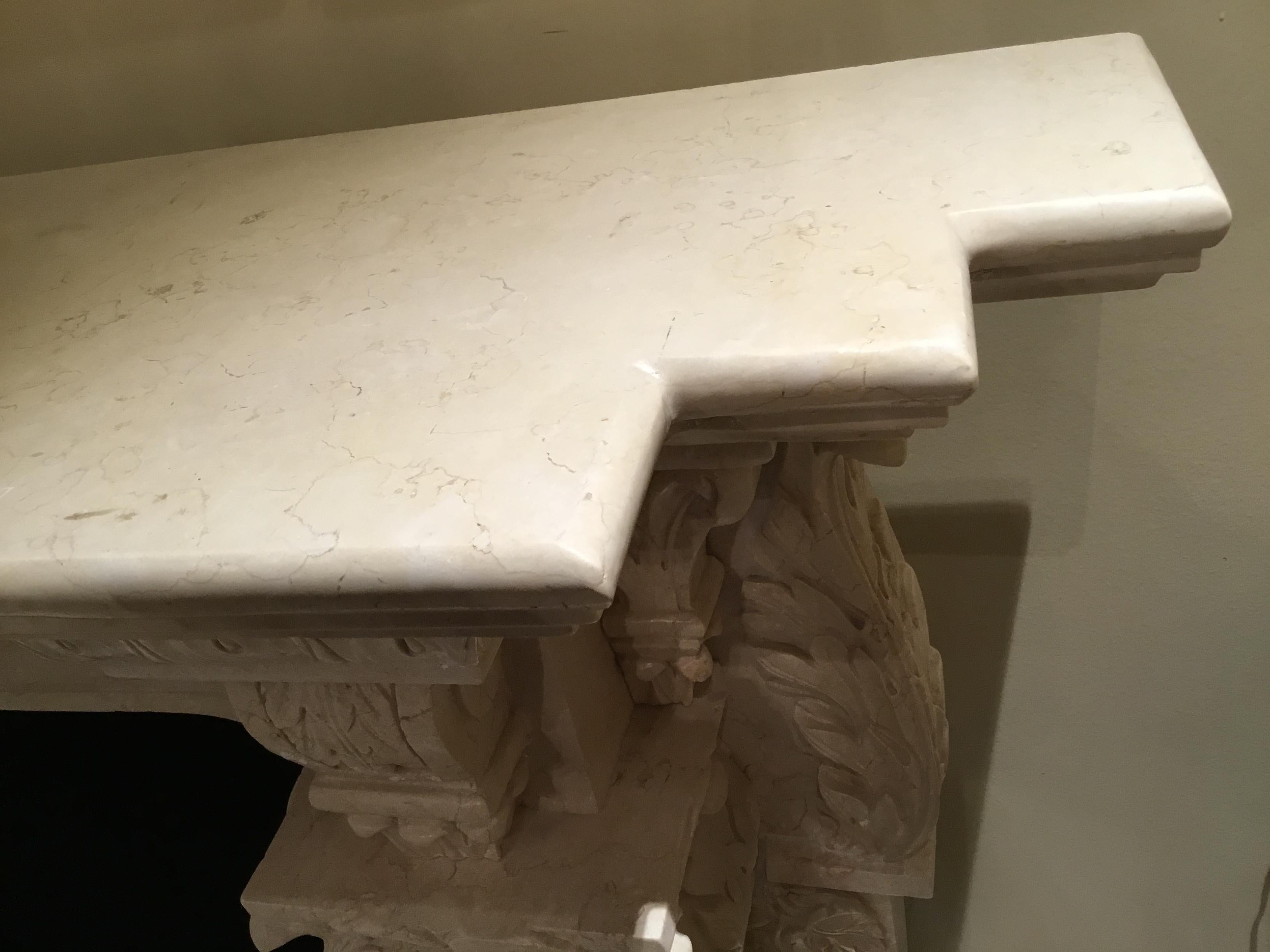 Large Cream Marble Mantel, French Style with Hand Carving with Floral/Foliate 3