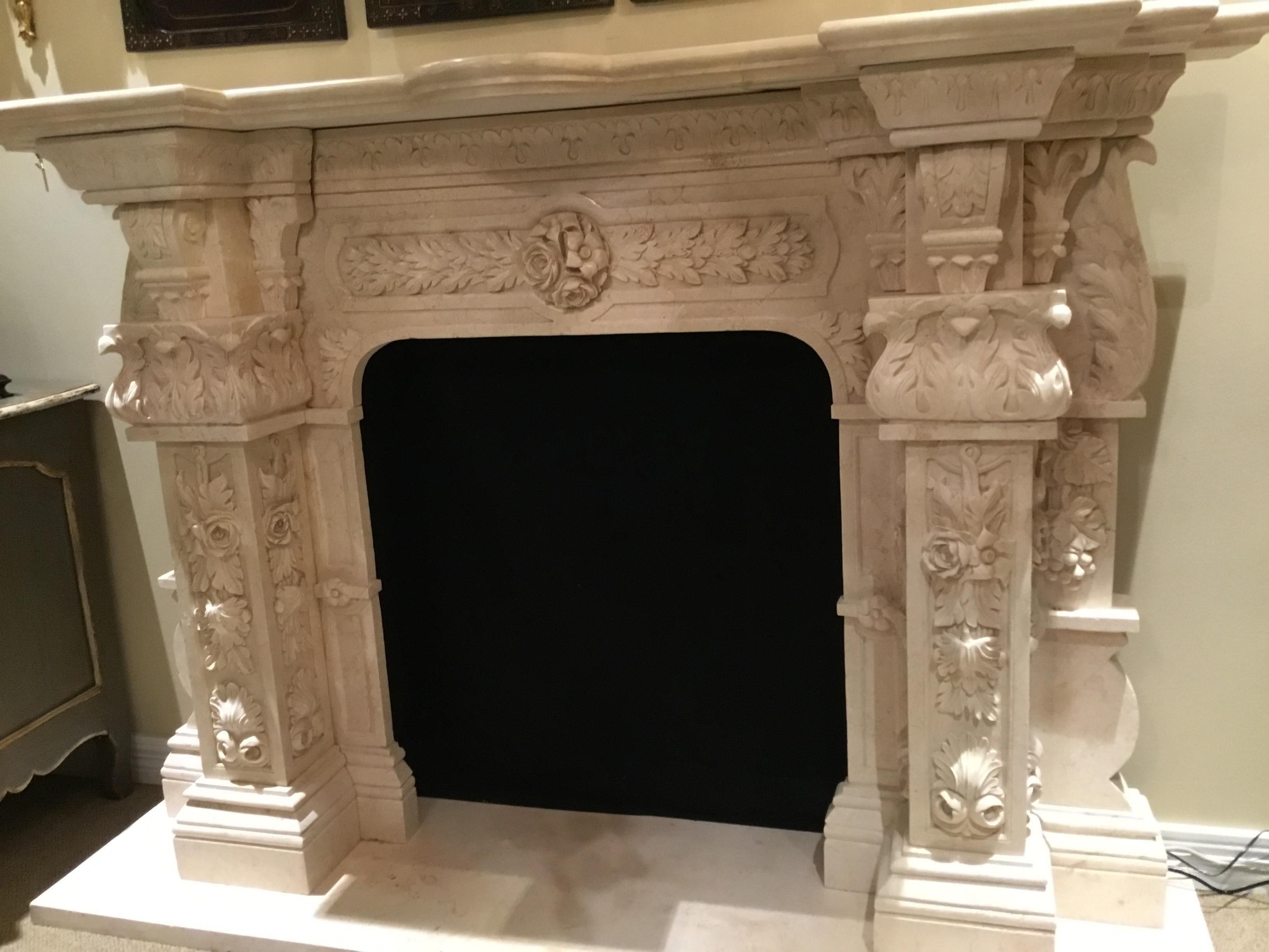 Large Cream Marble Mantel, French Style with Hand Carving with Floral/Foliate 4