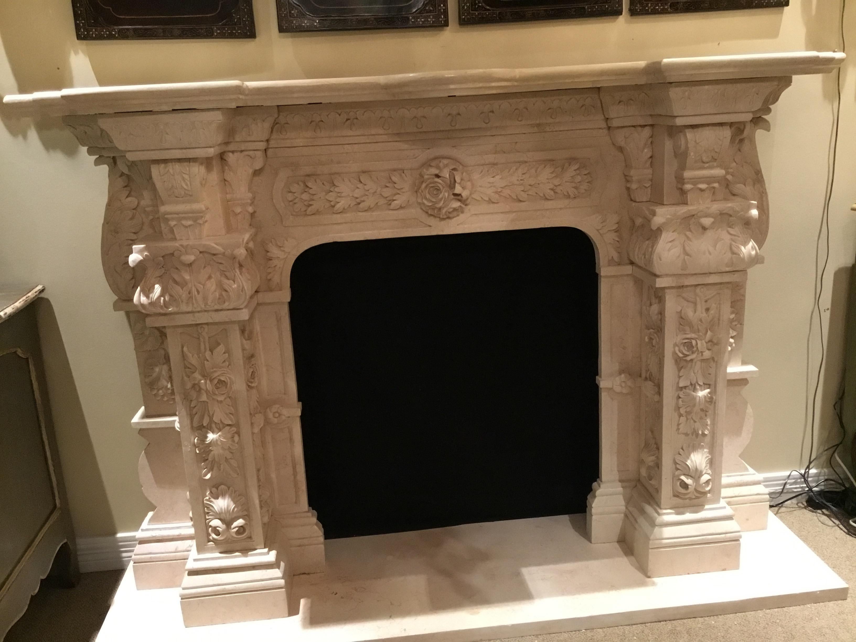Large Cream Marble Mantel, French Style with Hand Carving with Floral/Foliate 5