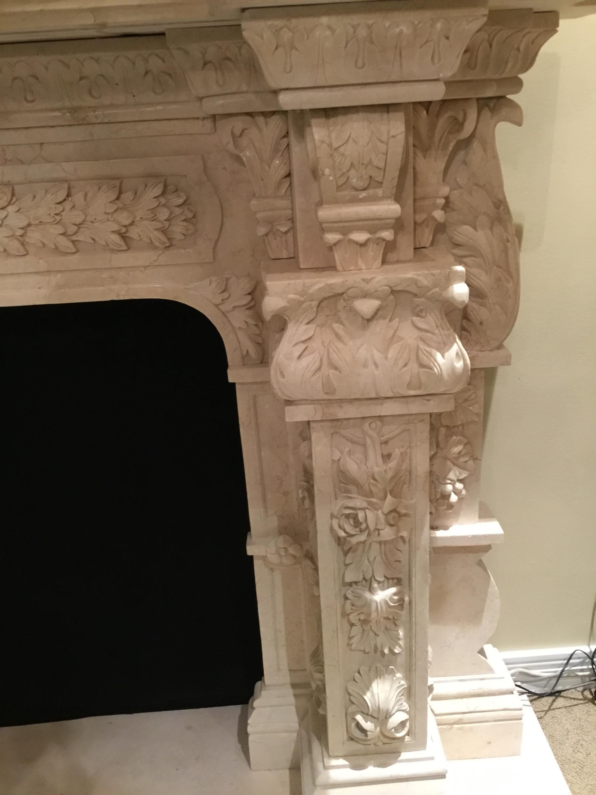 Large Cream Marble Mantel, French Style with Hand Carving with Floral/Foliate 6