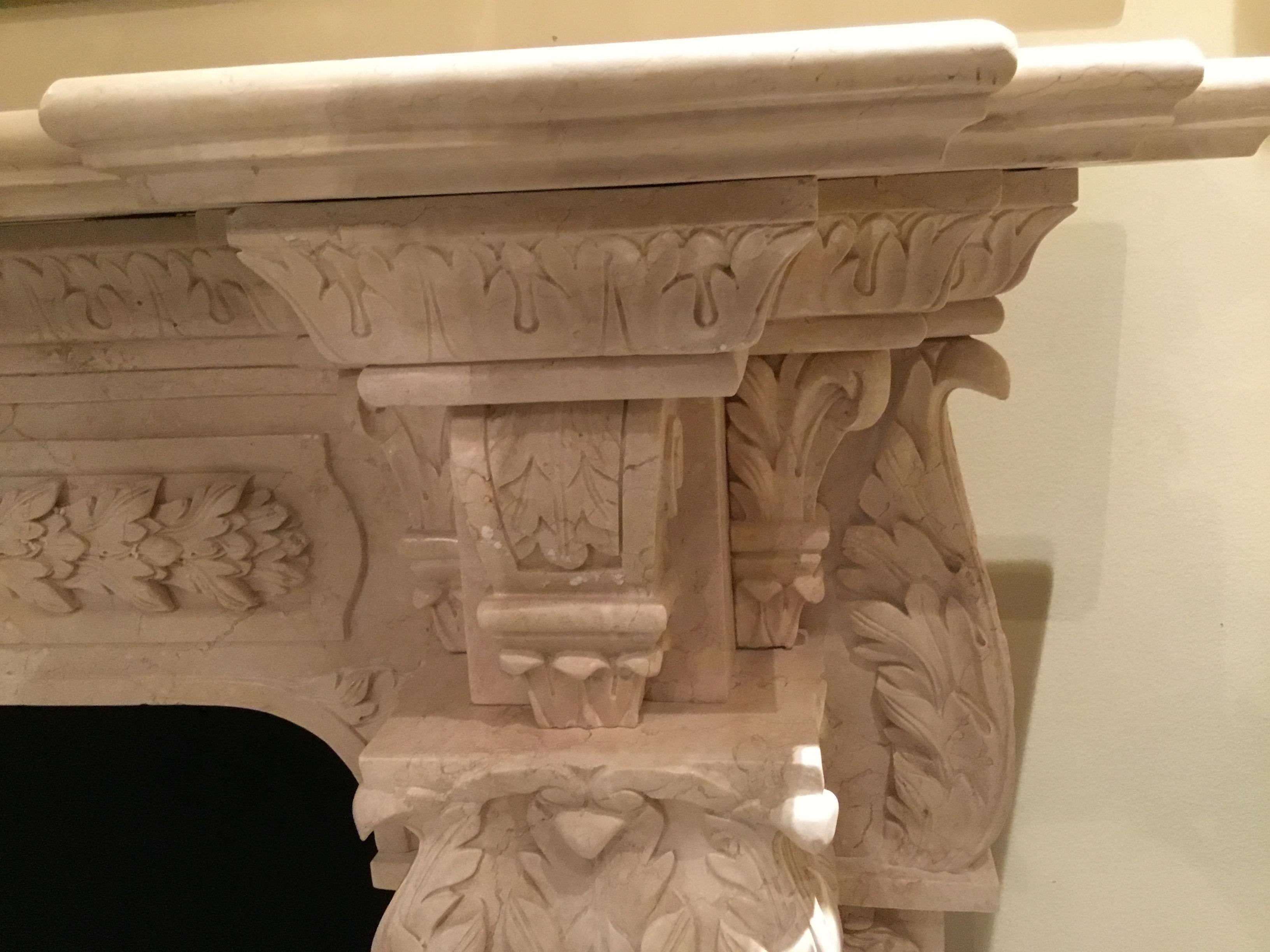 Large Cream Marble Mantel, French Style with Hand Carving with Floral/Foliate 7