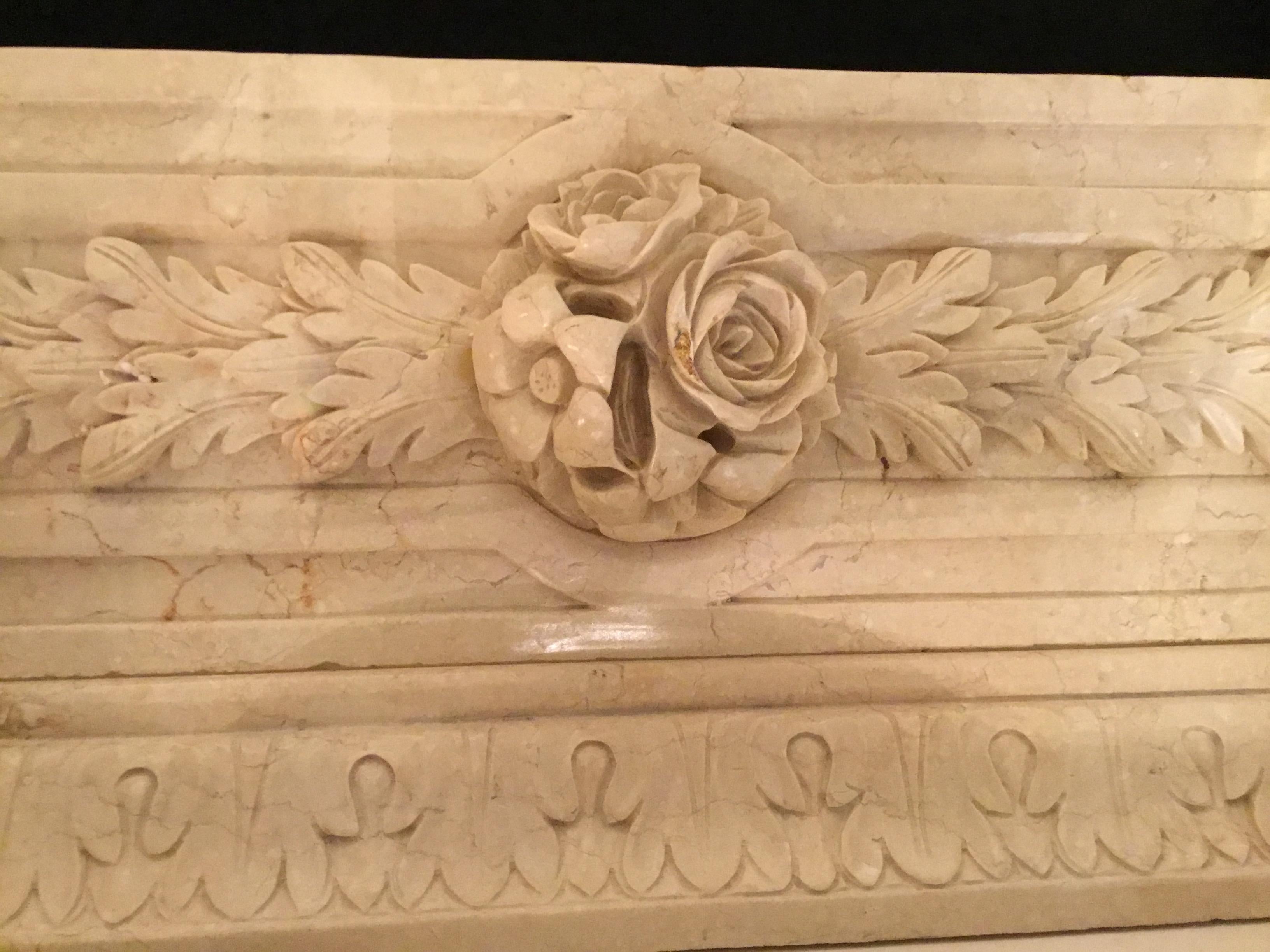 Large Cream Marble Mantel, French Style with Hand Carving with Floral/Foliate 8