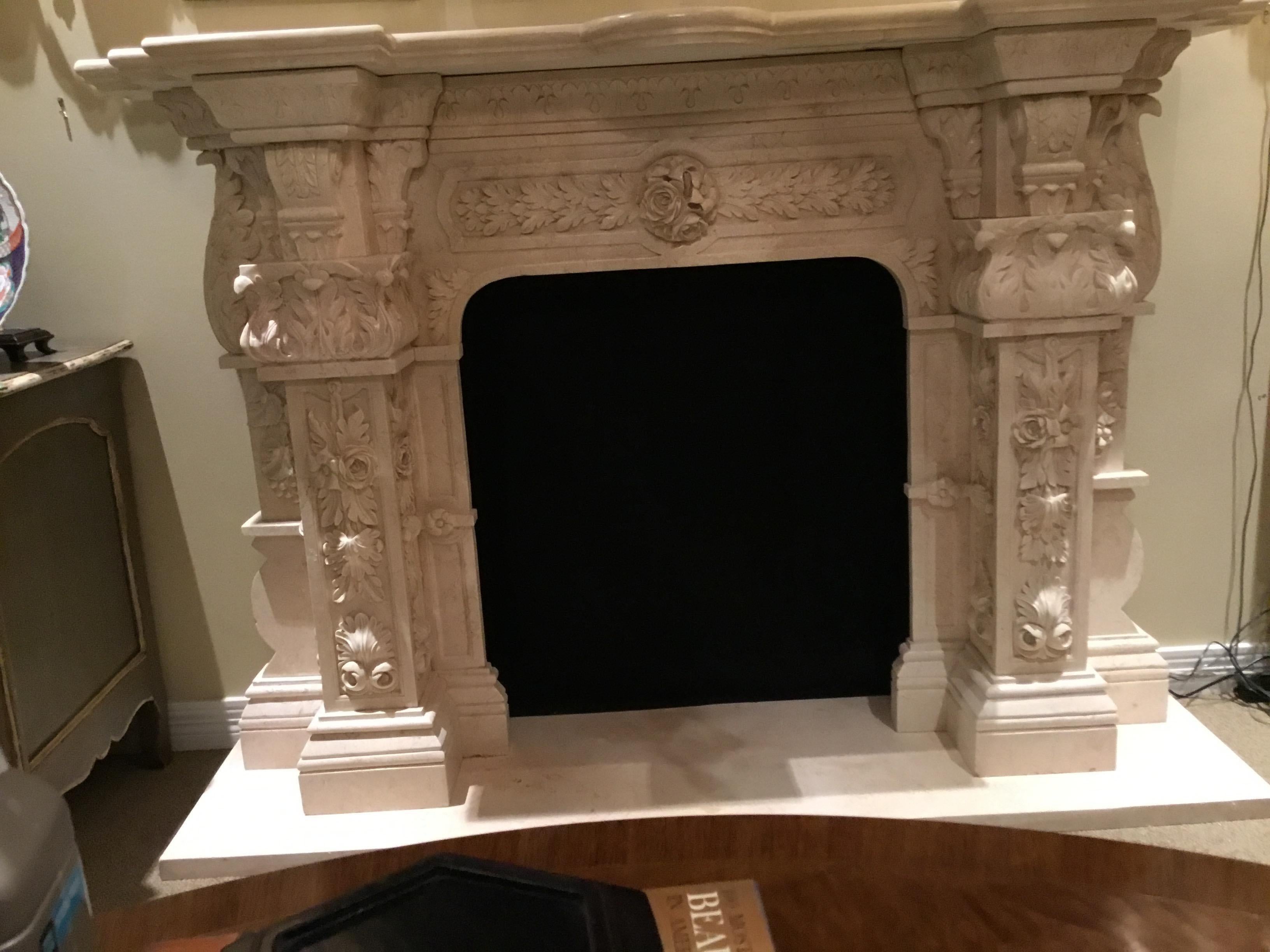 Large Cream Marble Mantel, French Style with Hand Carving with Floral/Foliate 9