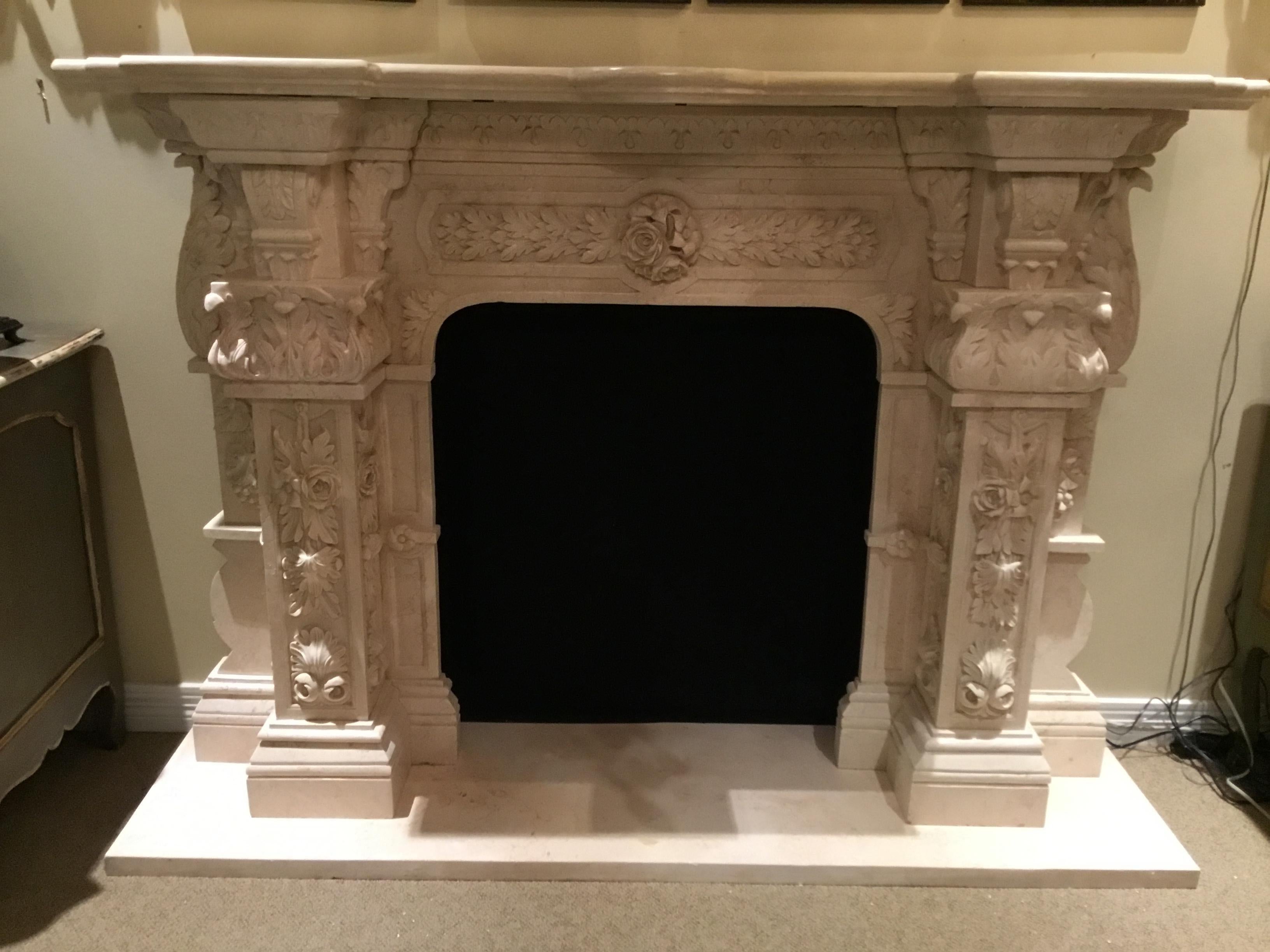 Large Cream Marble Mantel, French Style with Hand Carving with Floral/Foliate 10