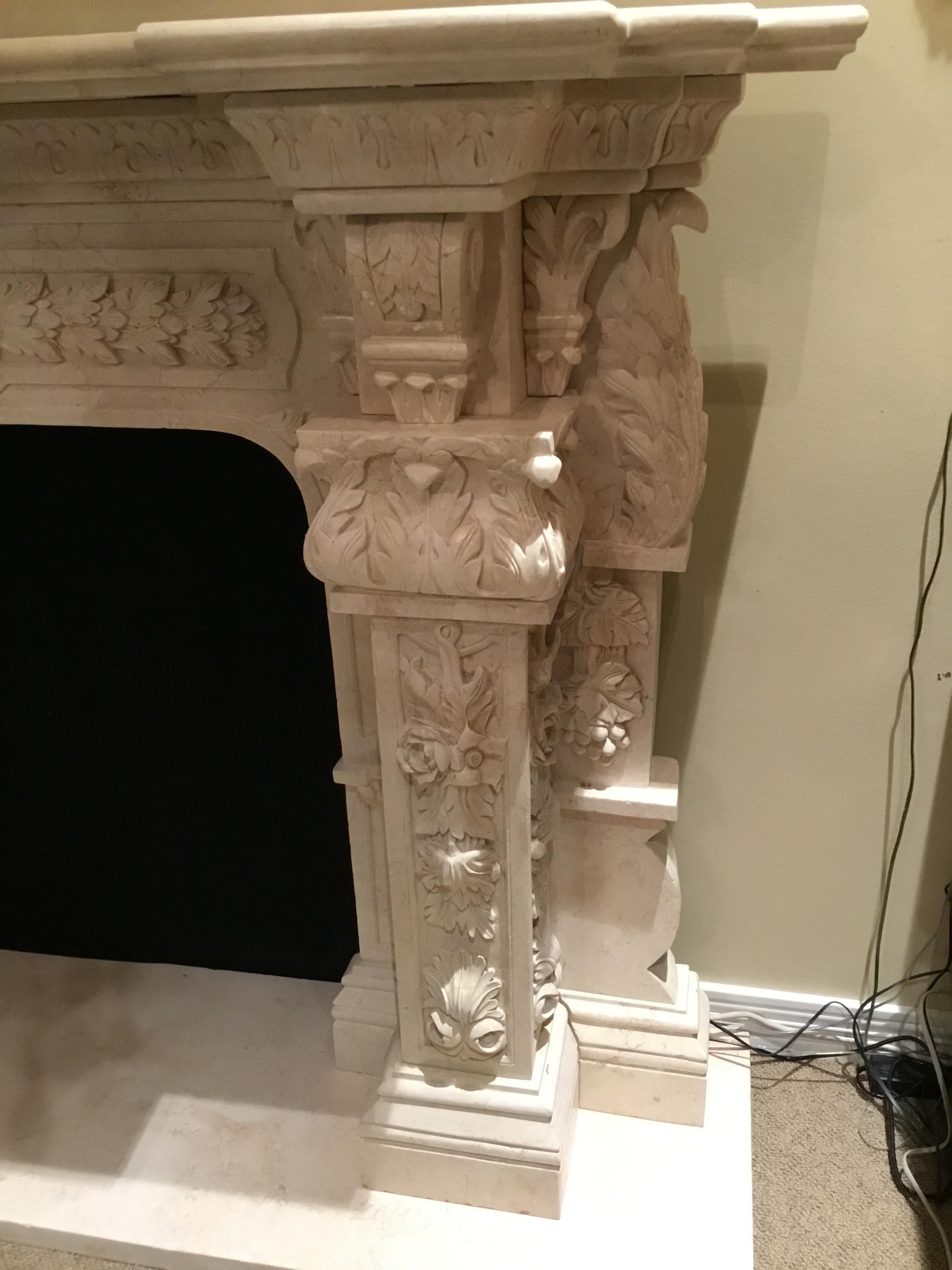 Exceptional carved mantel in cream colored hue. Deep and intricate detail with floral and foliate
Designs. The inside measurements are 34” W by 38” H. This mantel is in the gallery to view and
Ready to ship to your construction site.