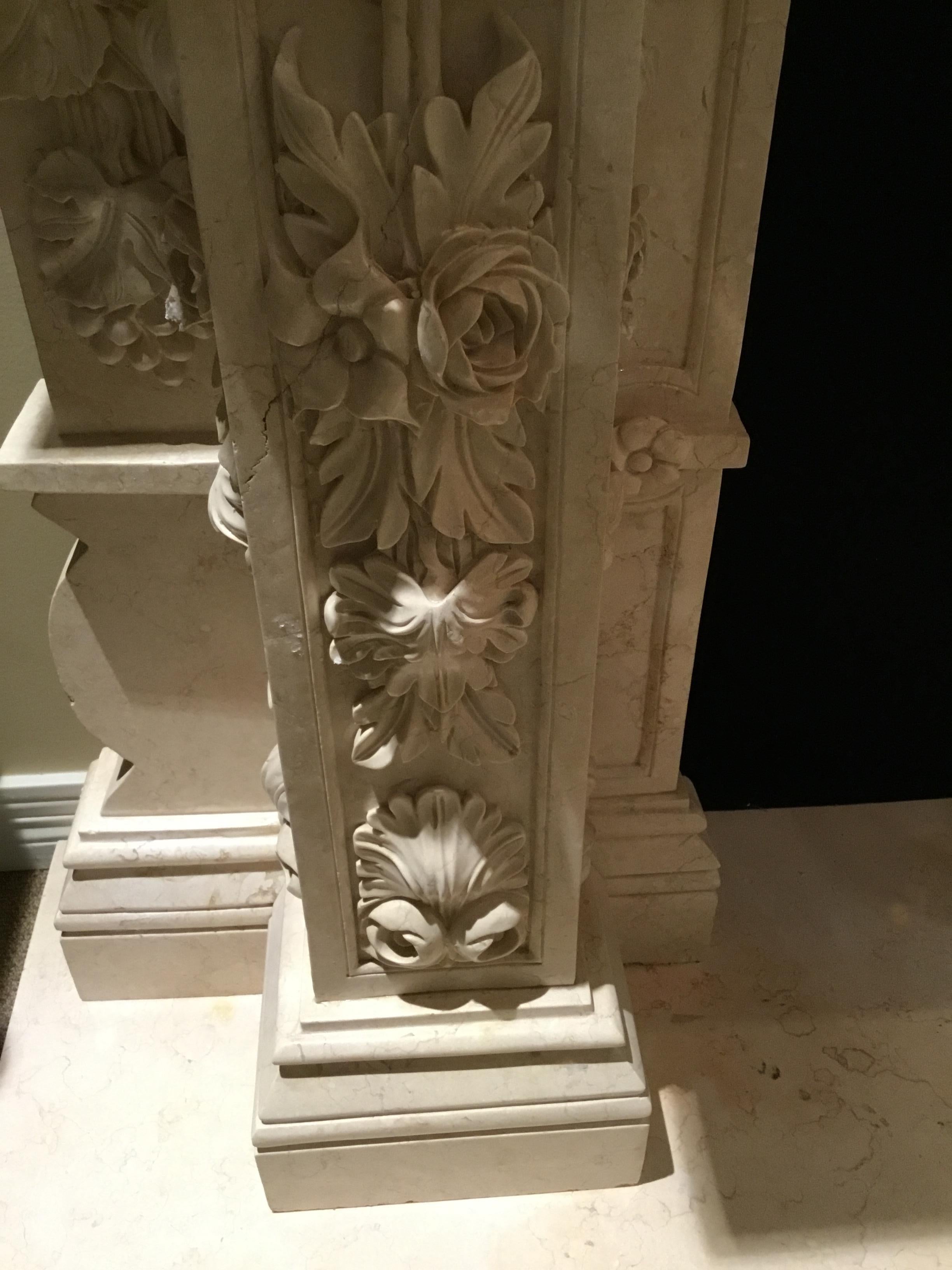 Hand-Carved Large Cream Marble Mantel, French Style with Hand Carving with Floral/Foliate