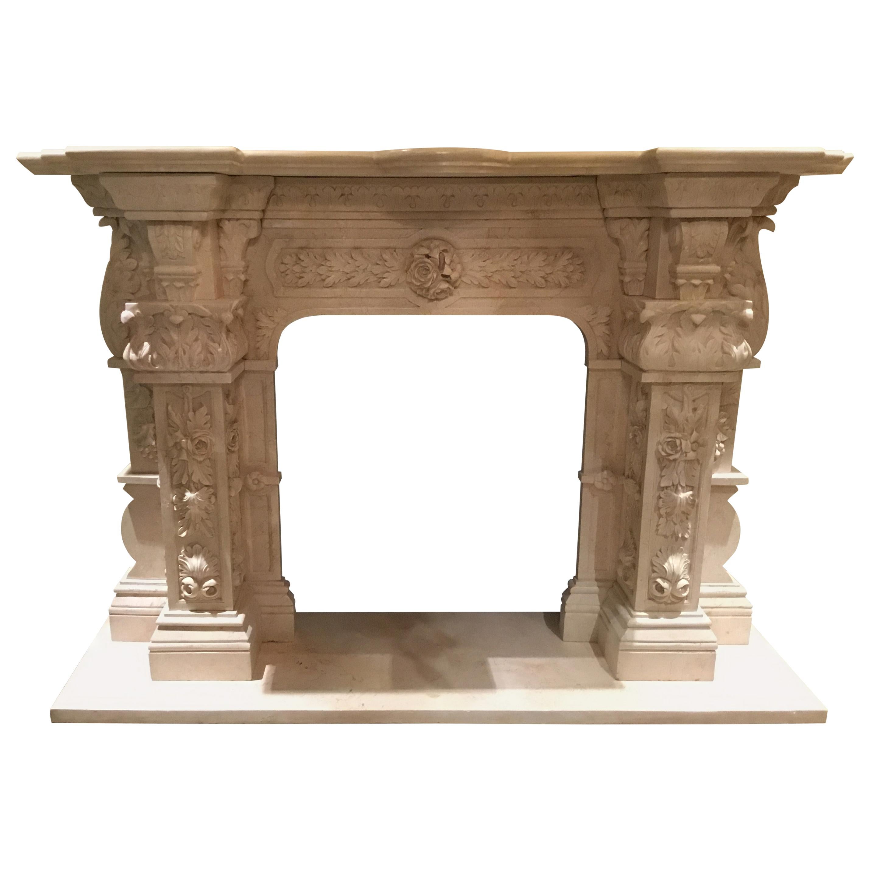 Large Cream Marble Mantel, French Style with Hand Carving with Floral/Foliate